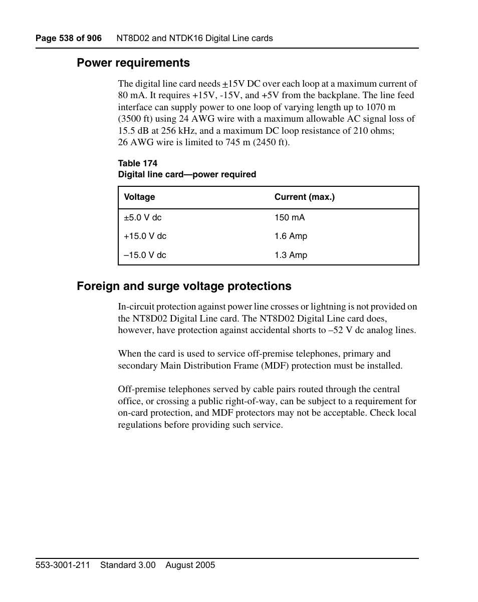 Power requirements, Foreign and surge voltage protections | Nortel Networks Circuit Card User Manual | Page 538 / 908