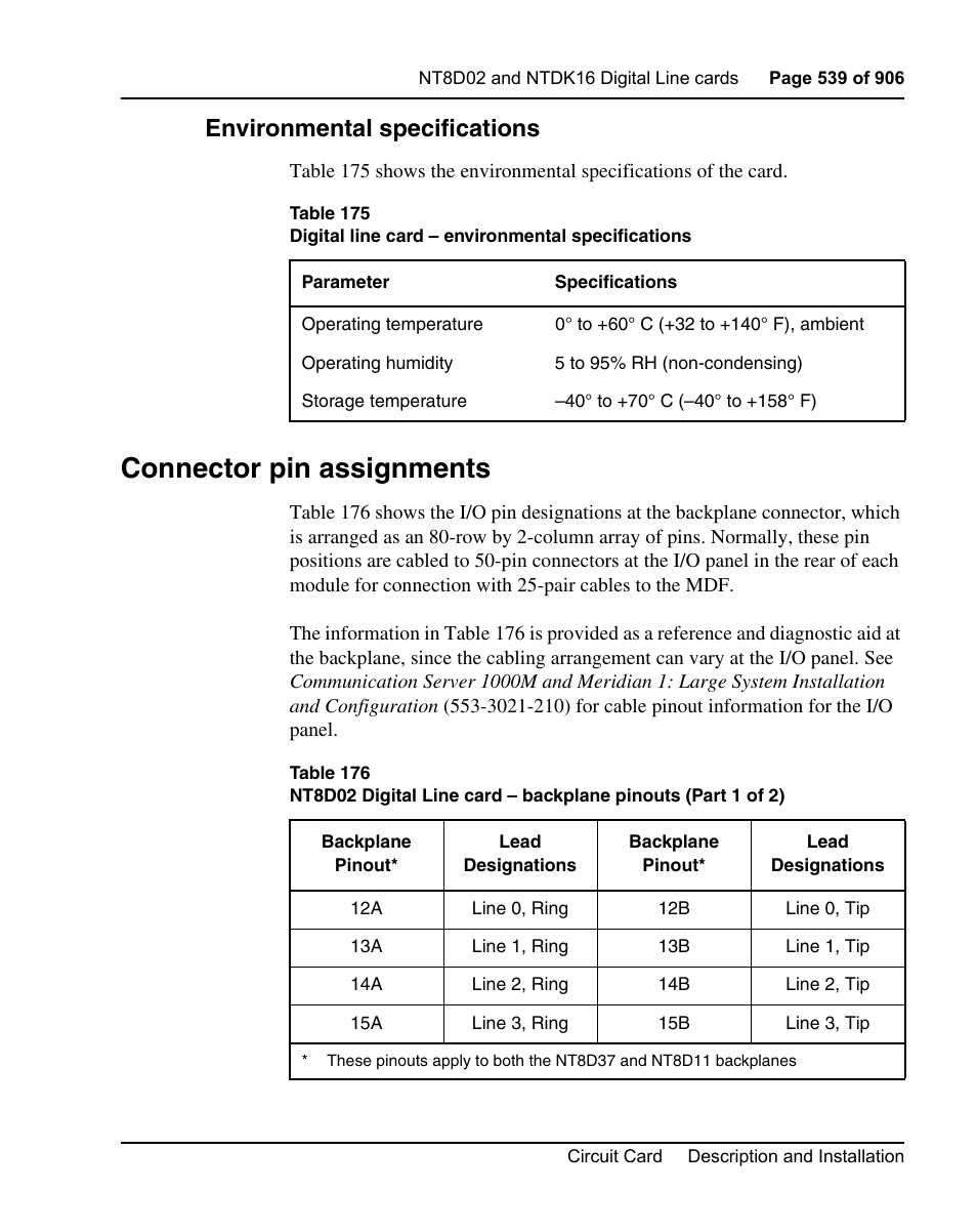 Environmental specifications, Connector pin assignments | Nortel Networks Circuit Card User Manual | Page 539 / 908