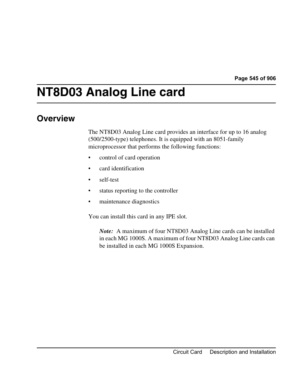 Nt8d03 analog line card, Overview | Nortel Networks Circuit Card User Manual | Page 545 / 908