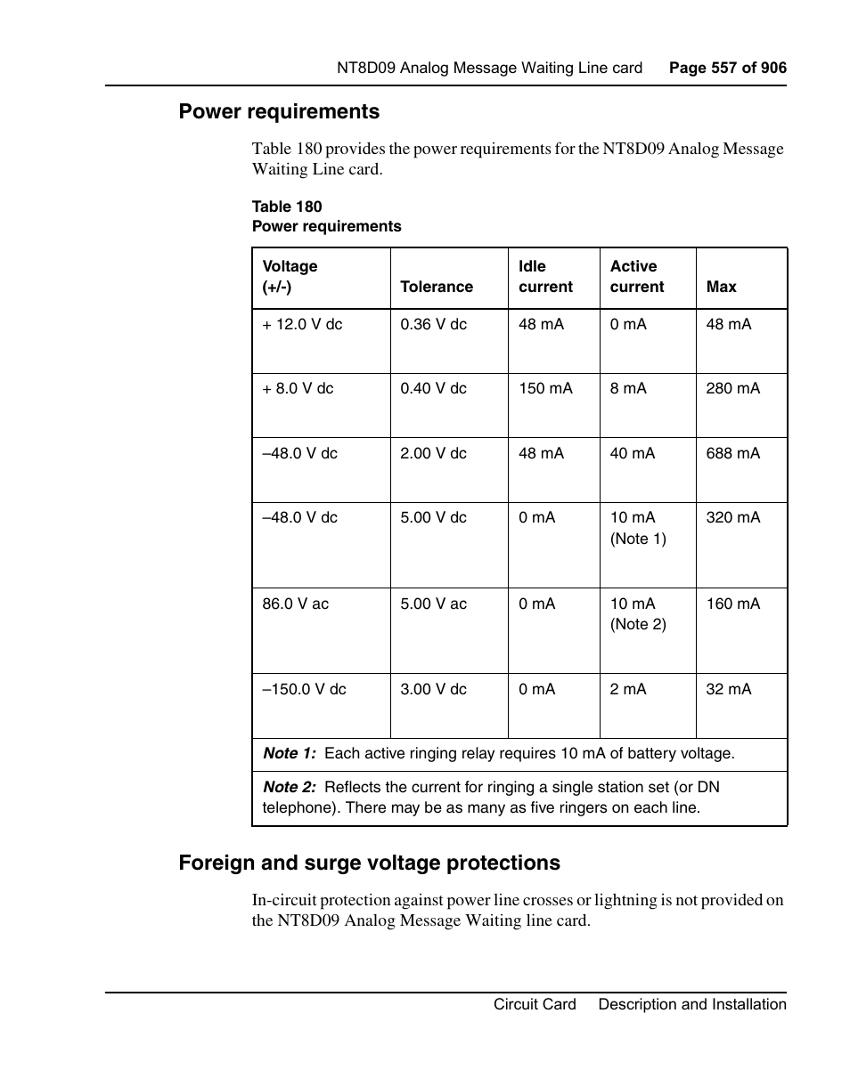 Power requirements, Foreign and surge voltage protections | Nortel Networks Circuit Card User Manual | Page 557 / 908