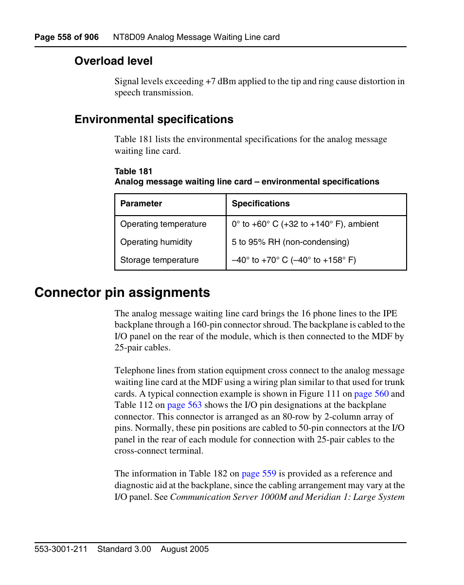 Overload level, Environmental specifications, Connector pin assignments | Nortel Networks Circuit Card User Manual | Page 558 / 908