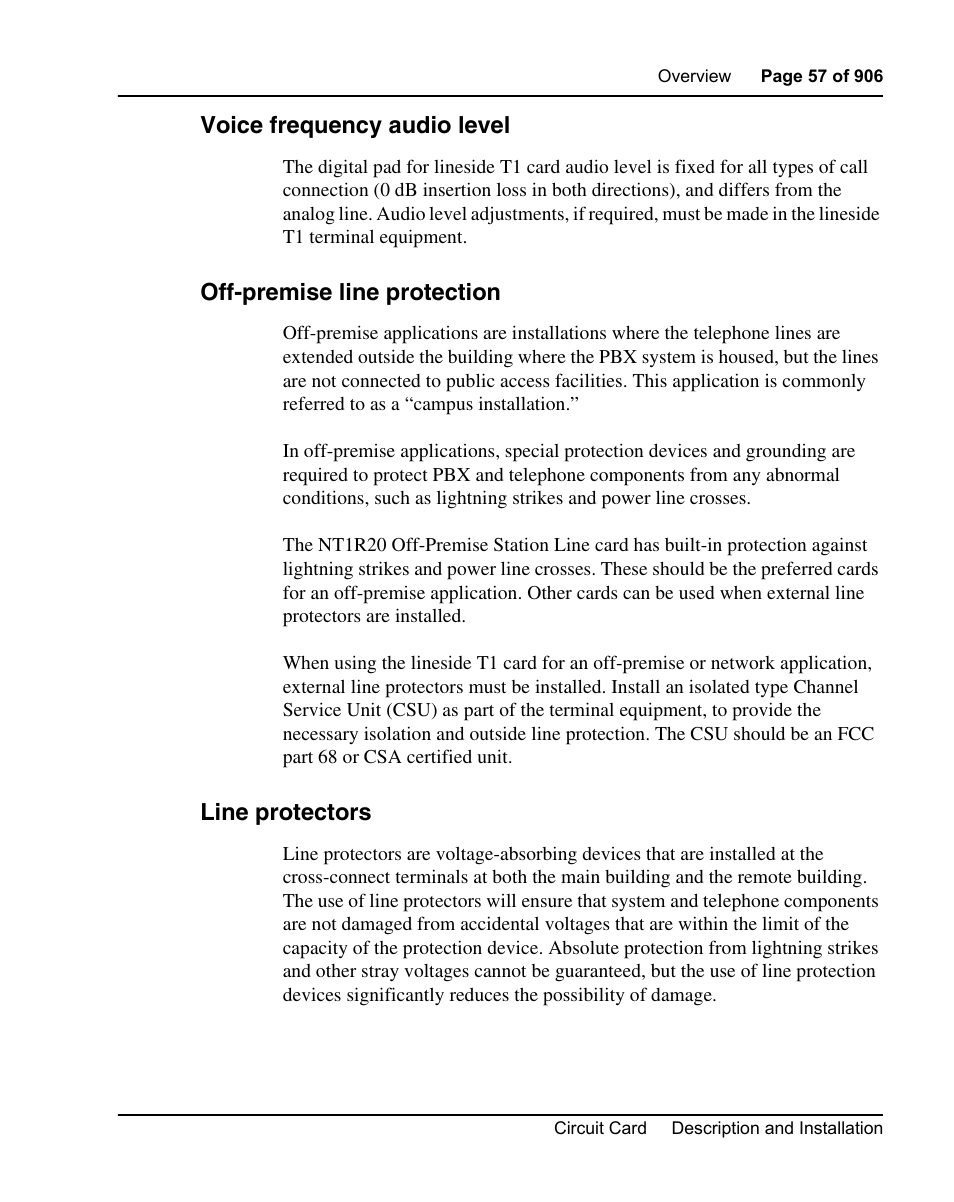 Voice frequency audio level, Off-premise line protection, Line protectors | Nortel Networks Circuit Card User Manual | Page 57 / 908