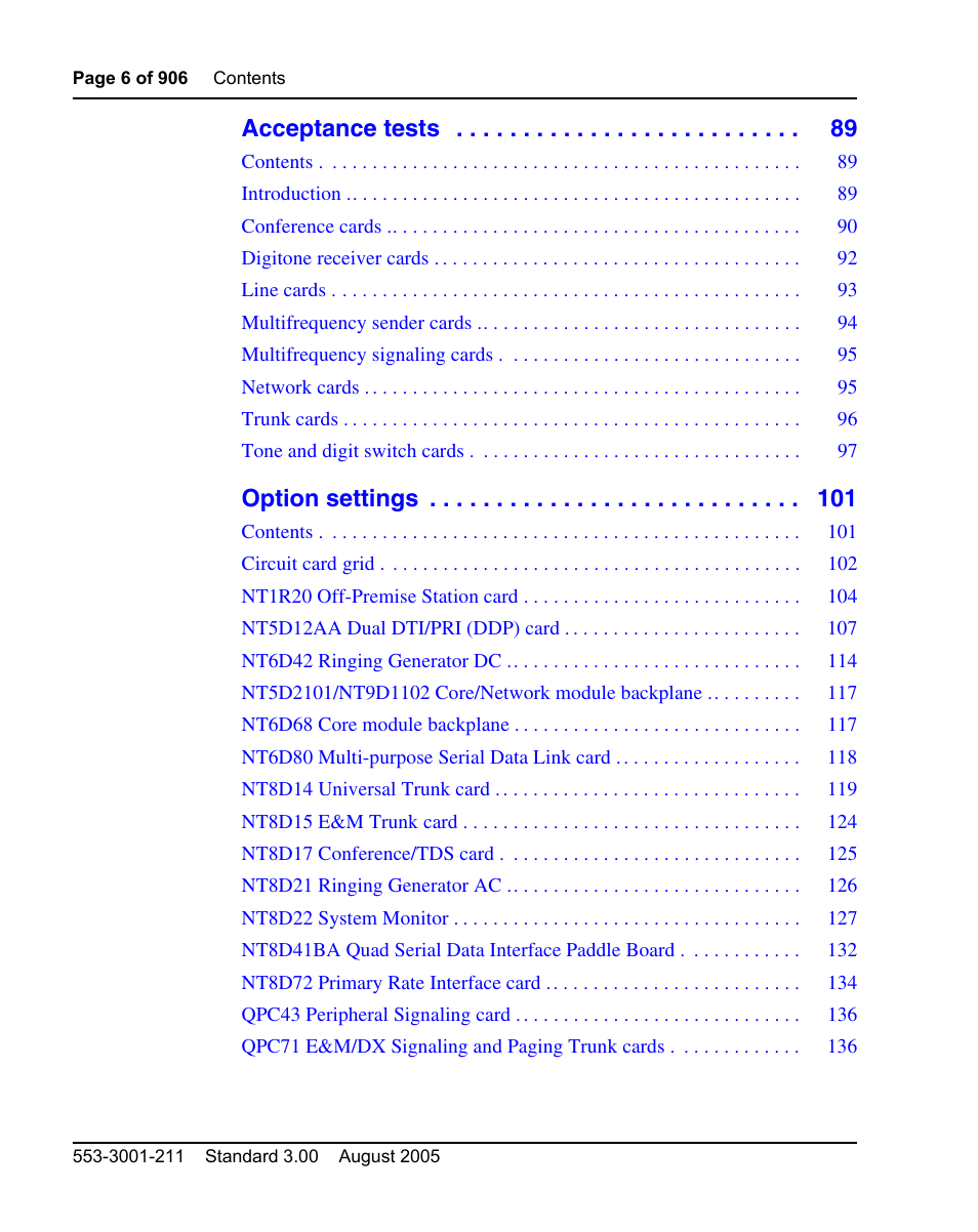 Acceptance tests, Option settings | Nortel Networks Circuit Card User Manual | Page 6 / 908