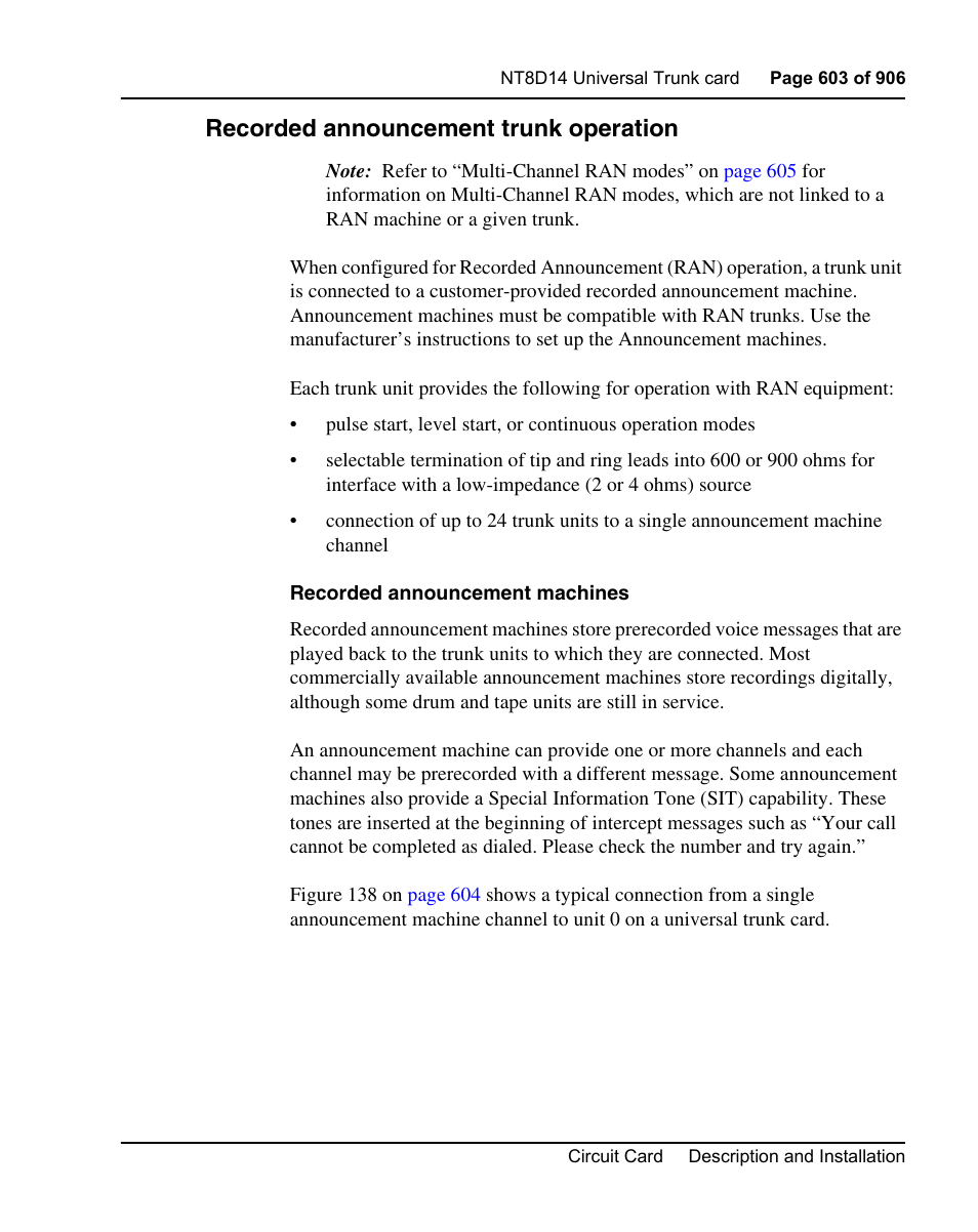 Recorded announcement trunk operation | Nortel Networks Circuit Card User Manual | Page 603 / 908