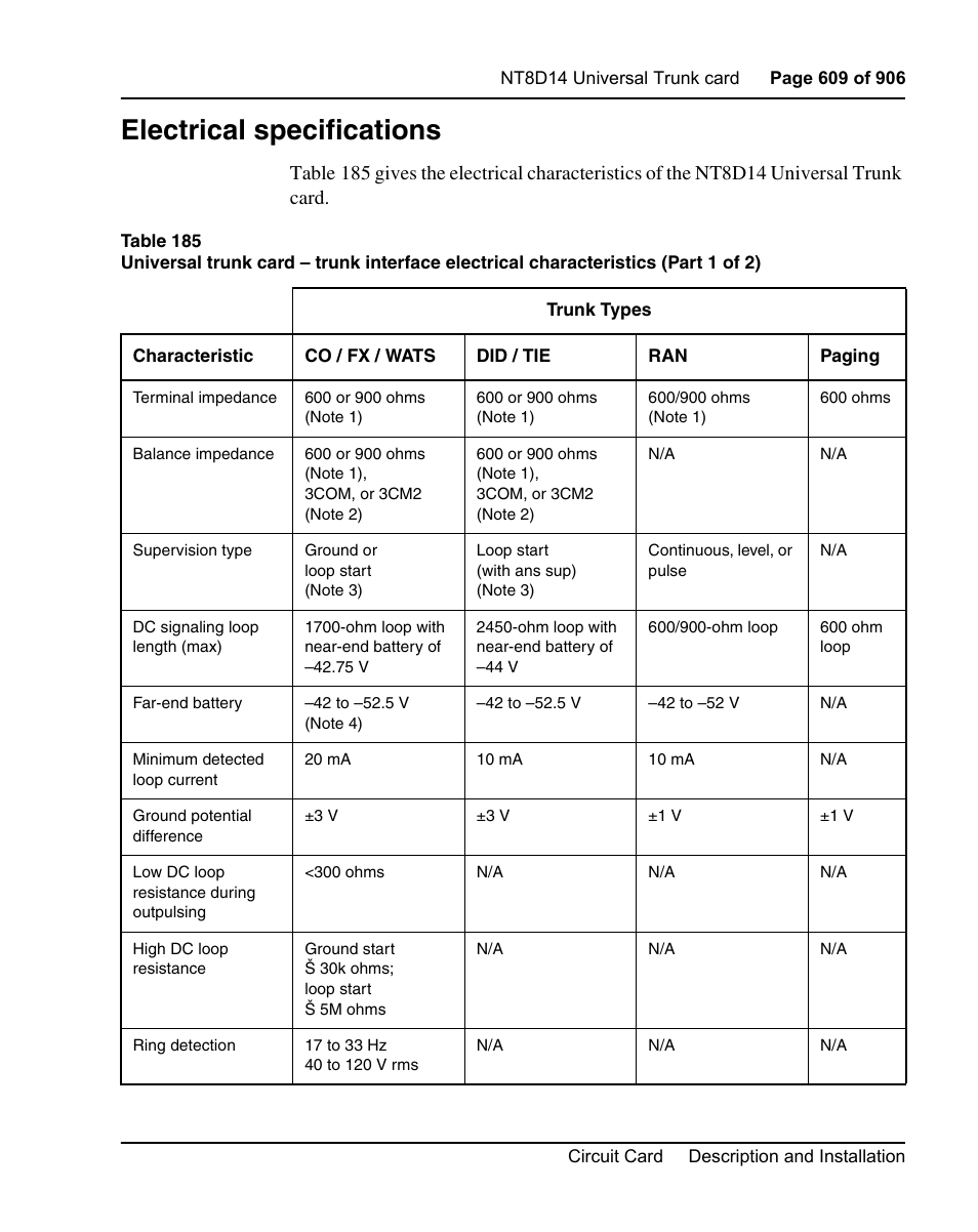 Electrical specifications | Nortel Networks Circuit Card User Manual | Page 609 / 908