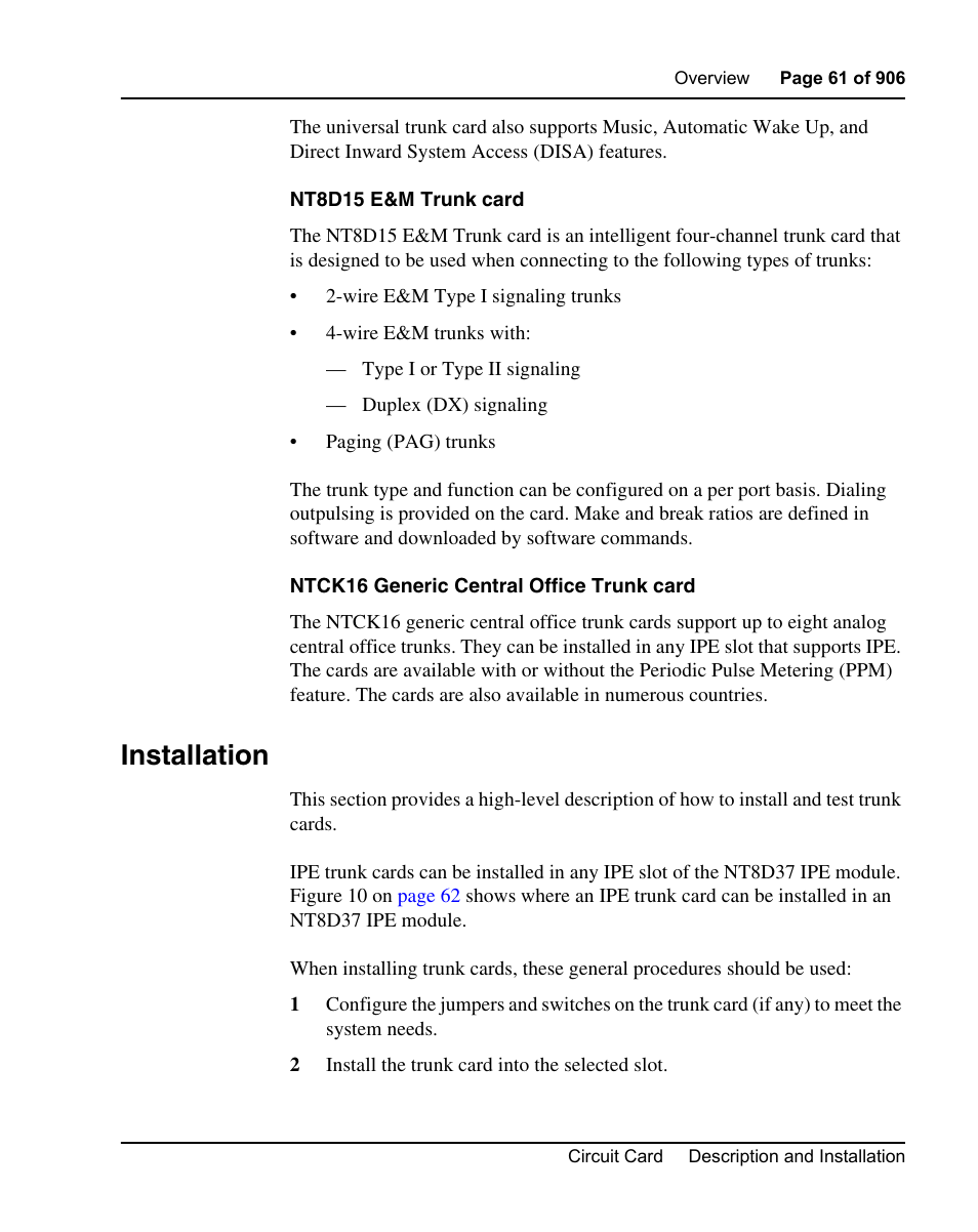 Installation | Nortel Networks Circuit Card User Manual | Page 61 / 908