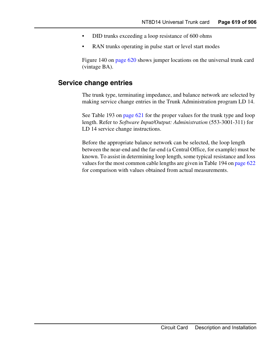Service change entries | Nortel Networks Circuit Card User Manual | Page 619 / 908