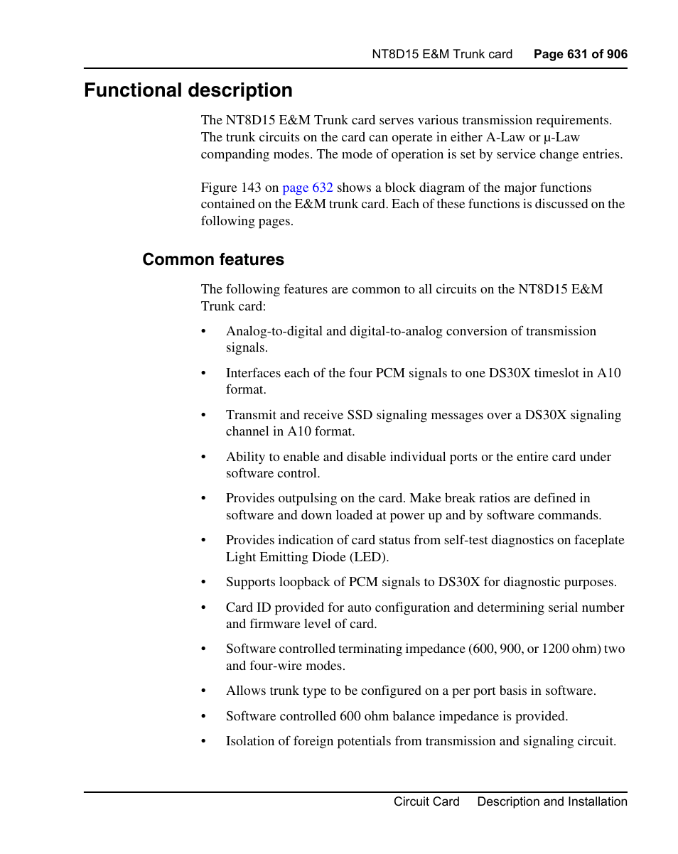Functional description, Common features | Nortel Networks Circuit Card User Manual | Page 631 / 908