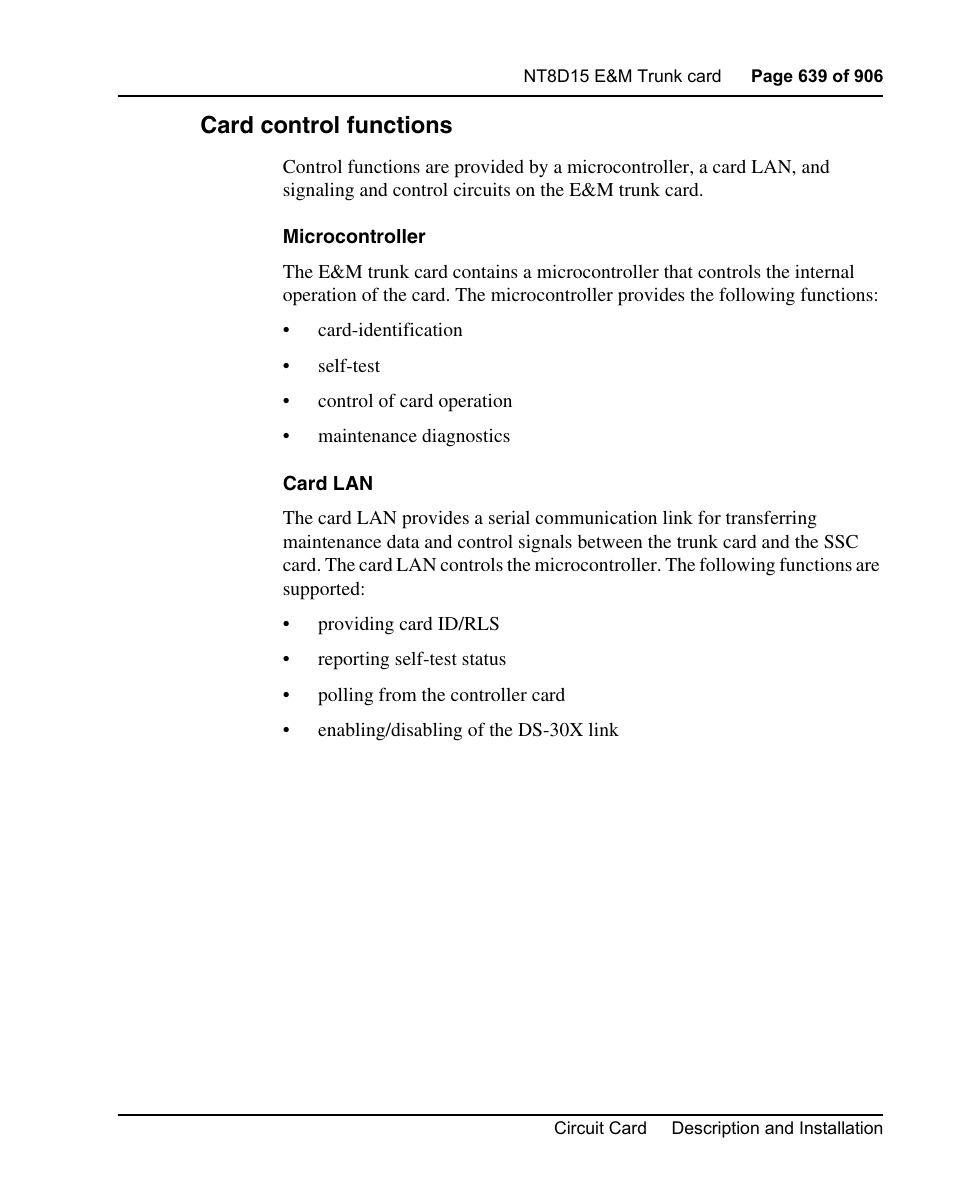Card control functions | Nortel Networks Circuit Card User Manual | Page 639 / 908