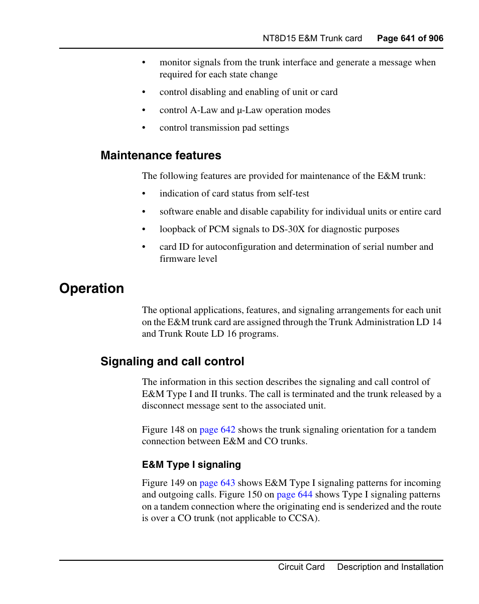 Maintenance features, Operation, Signaling and call control | Nortel Networks Circuit Card User Manual | Page 641 / 908