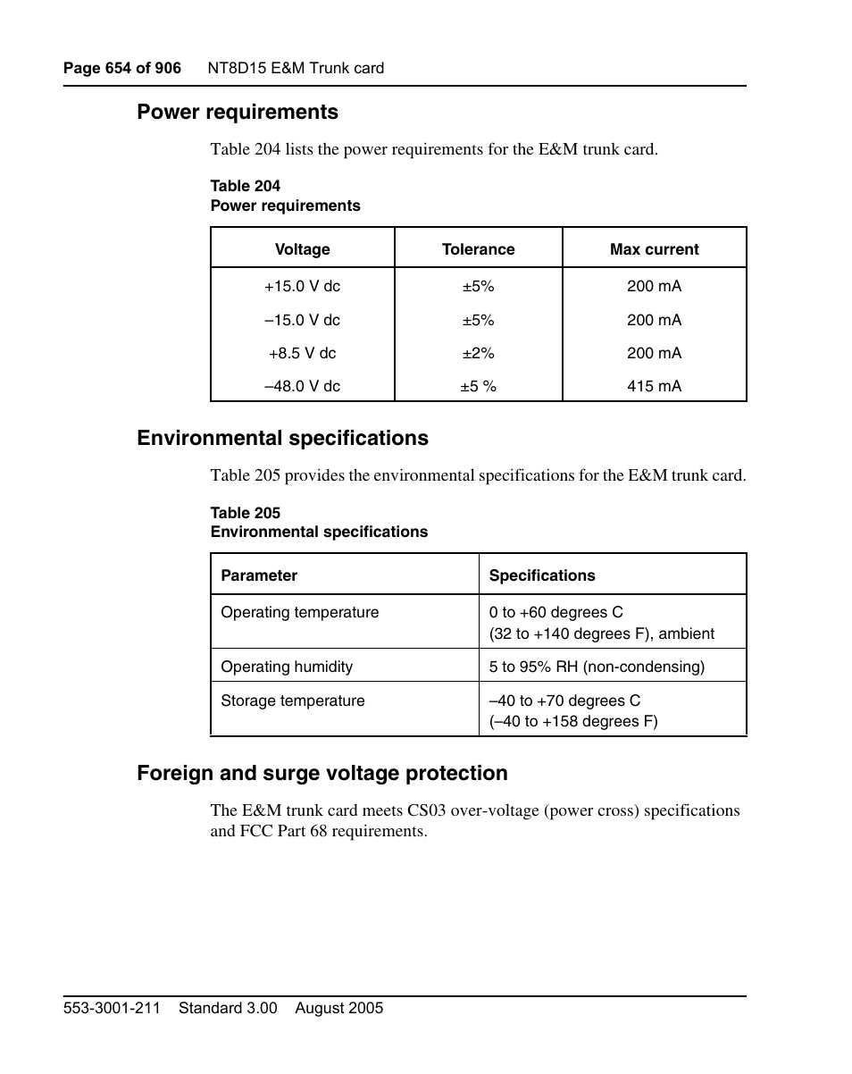 Power requirements, Environmental specifications, Foreign and surge voltage protection | Nortel Networks Circuit Card User Manual | Page 654 / 908