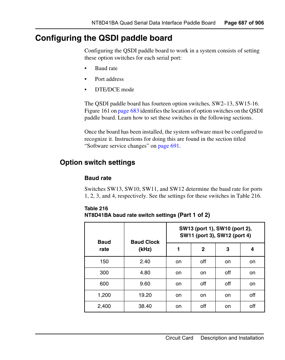 Configuring the qsdi paddle board, Option switch settings | Nortel Networks Circuit Card User Manual | Page 687 / 908