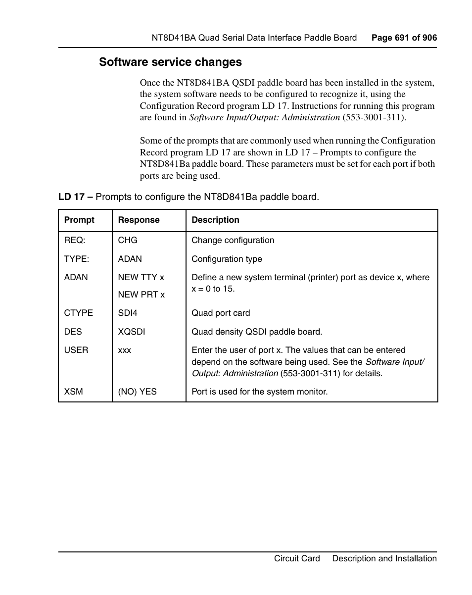 Software service changes, Software service changes” on | Nortel Networks Circuit Card User Manual | Page 691 / 908