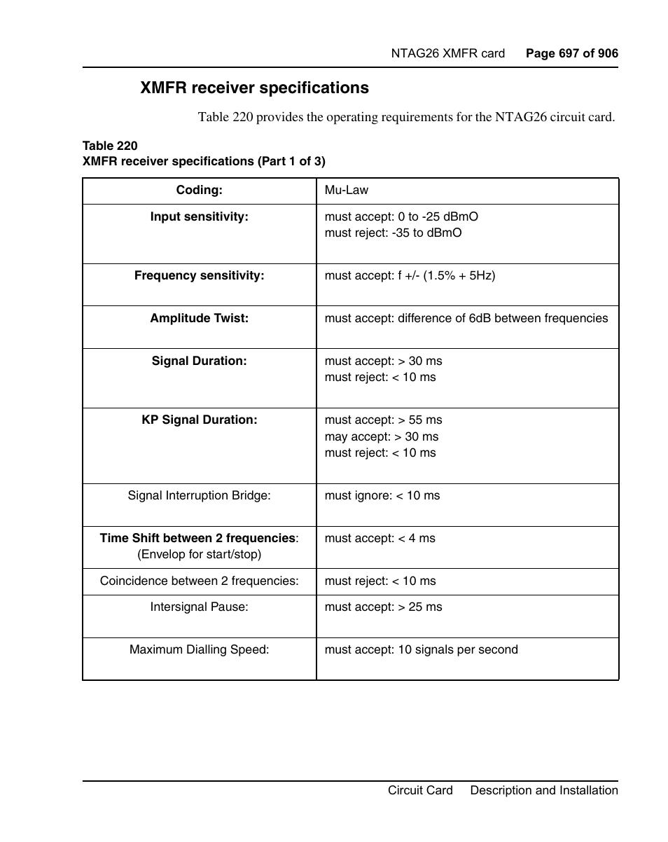 Xmfr receiver specifications | Nortel Networks Circuit Card User Manual | Page 697 / 908