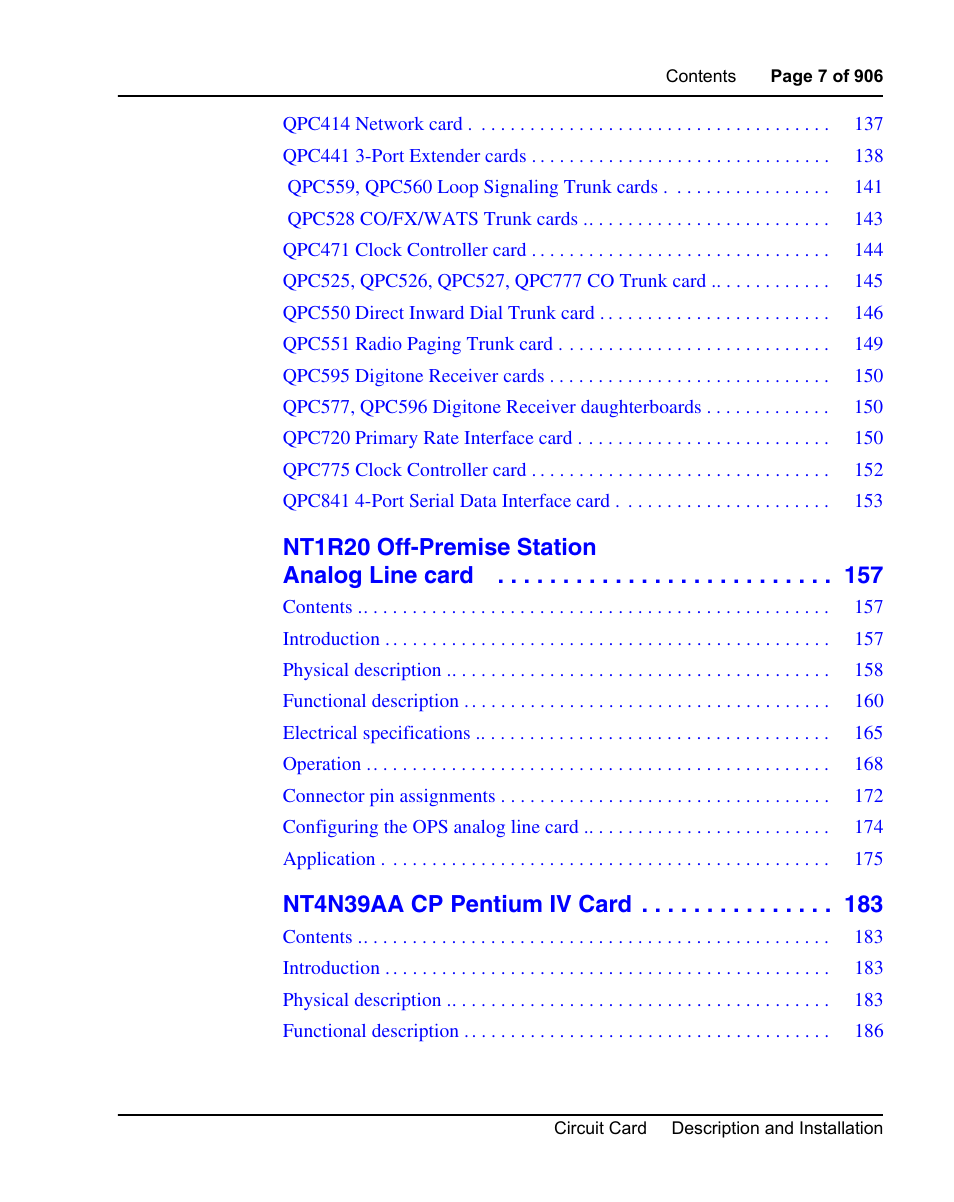 Nt1r20 off-premise station analog line card, Nt4n39aa cp pentium iv card | Nortel Networks Circuit Card User Manual | Page 7 / 908