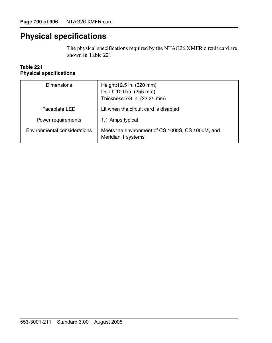 Physical specifications | Nortel Networks Circuit Card User Manual | Page 700 / 908