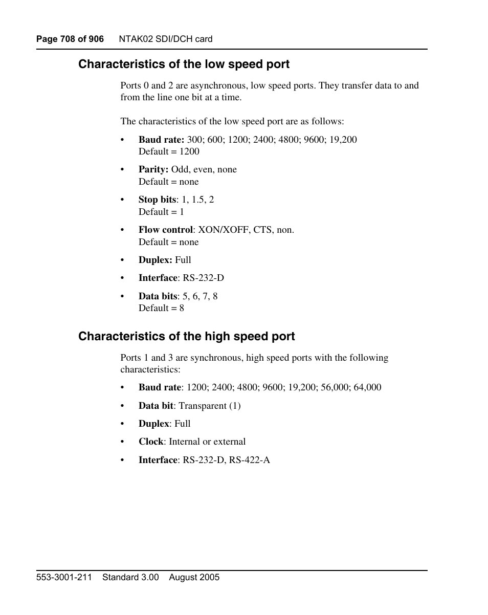 Characteristics of the low speed port, Characteristics of the high speed port | Nortel Networks Circuit Card User Manual | Page 708 / 908
