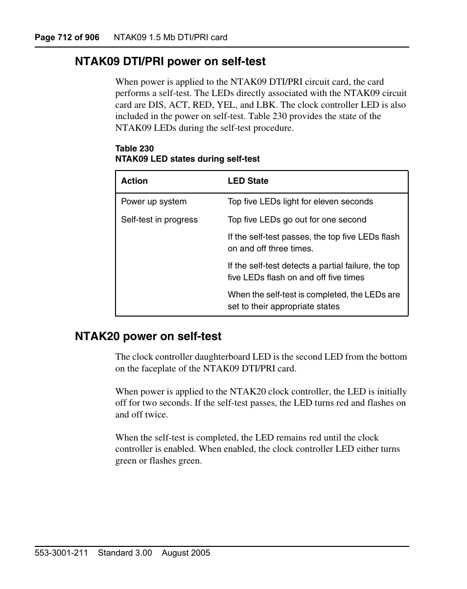 Ntak09 dti/pri power on self-test, Ntak20 power on self-test | Nortel Networks Circuit Card User Manual | Page 712 / 908