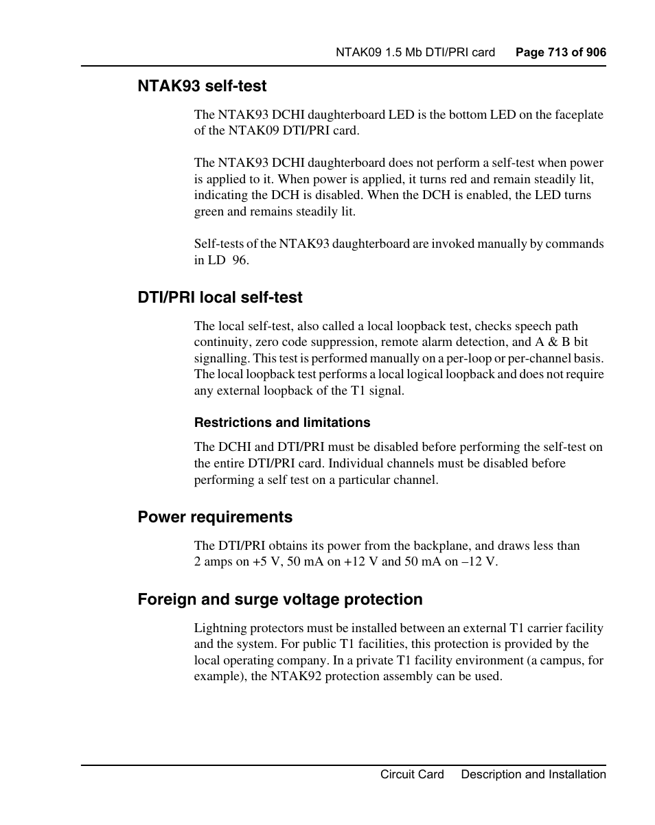 Ntak93 self-test, Dti/pri local self-test, Power requirements | Foreign and surge voltage protection | Nortel Networks Circuit Card User Manual | Page 713 / 908