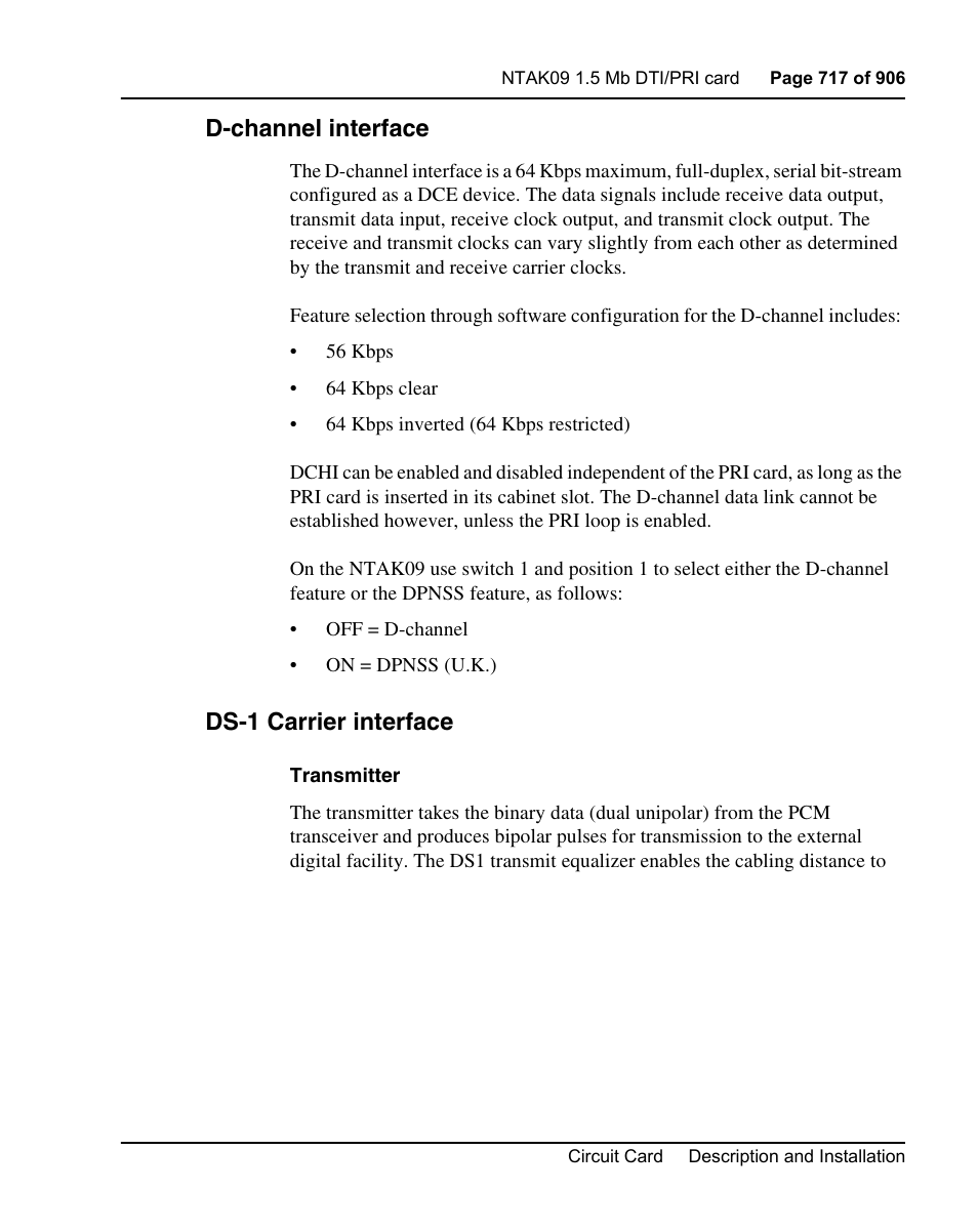 D-channel interface, Ds-1 carrier interface | Nortel Networks Circuit Card User Manual | Page 717 / 908