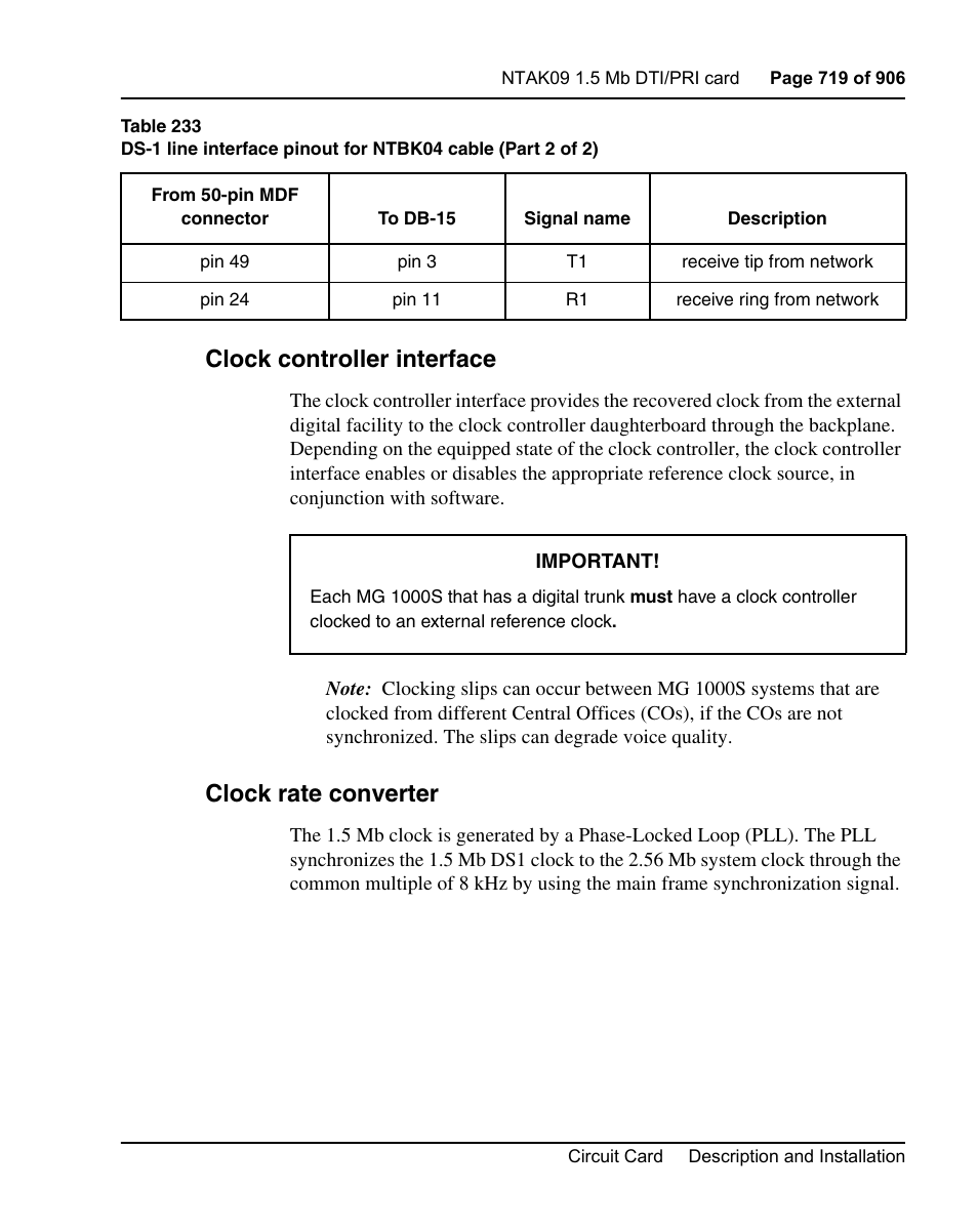 Clock controller interface, Clock rate converter | Nortel Networks Circuit Card User Manual | Page 719 / 908