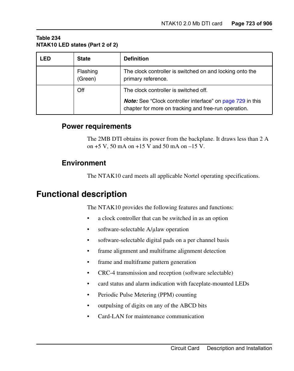 Power requirements, Environment, Functional description | Nortel Networks Circuit Card User Manual | Page 723 / 908