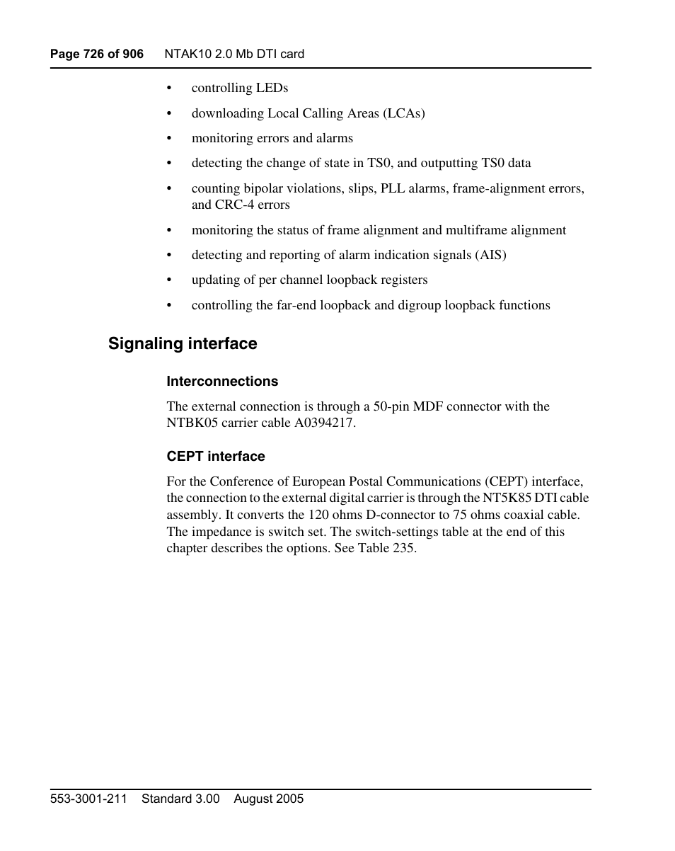 Signaling interface | Nortel Networks Circuit Card User Manual | Page 726 / 908