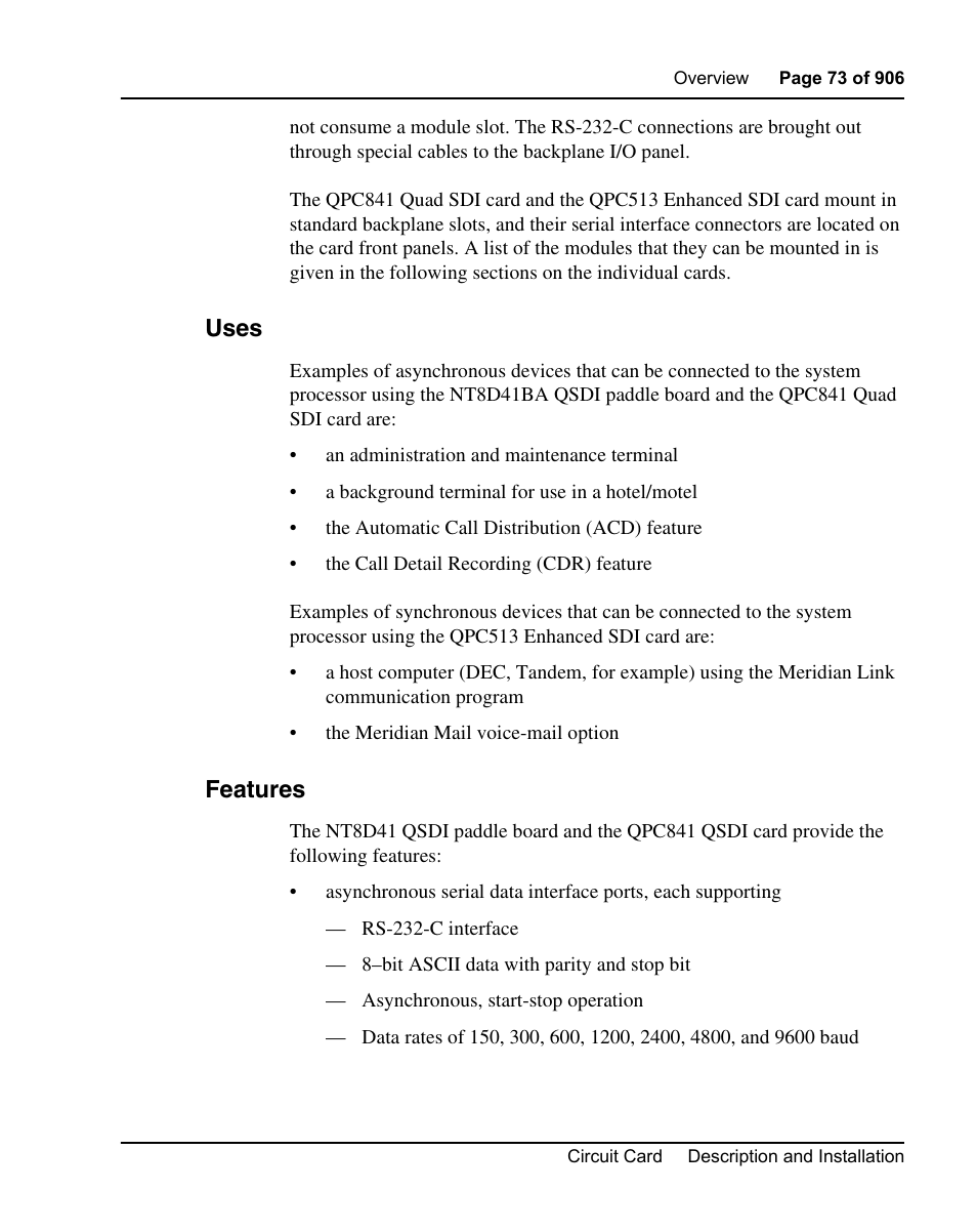 Uses, Features | Nortel Networks Circuit Card User Manual | Page 73 / 908