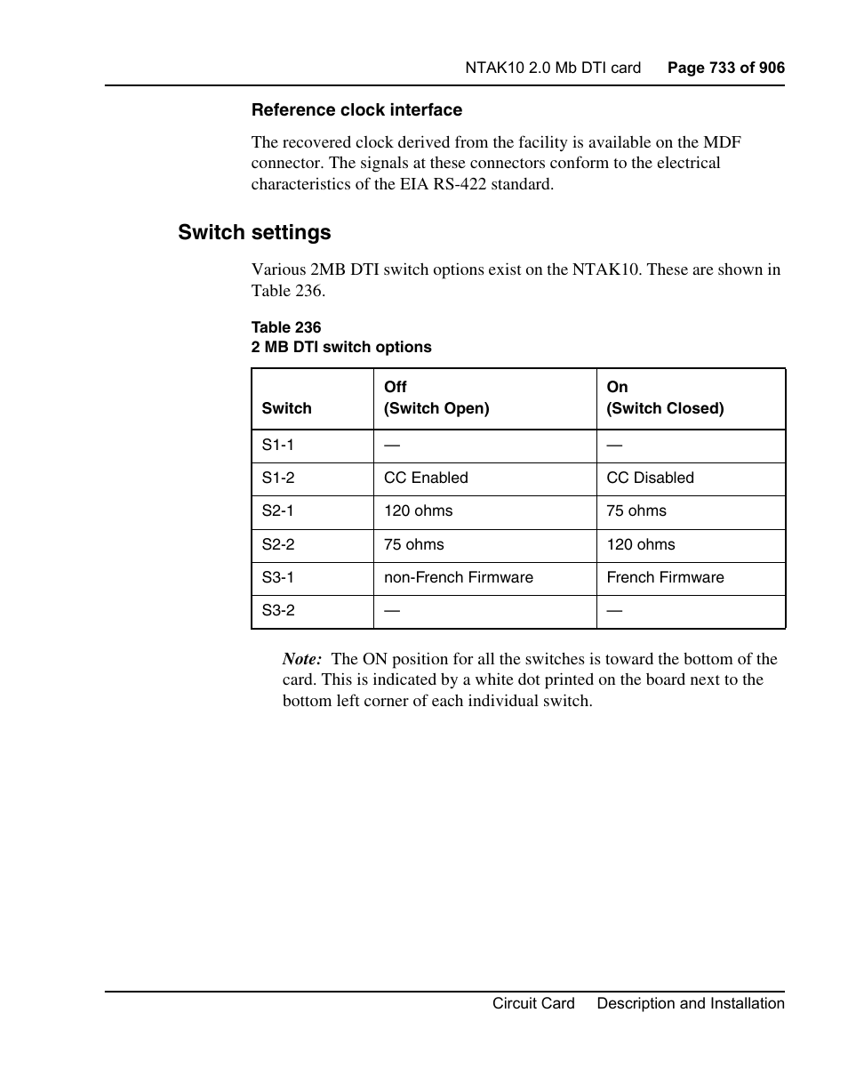 Switch settings | Nortel Networks Circuit Card User Manual | Page 733 / 908