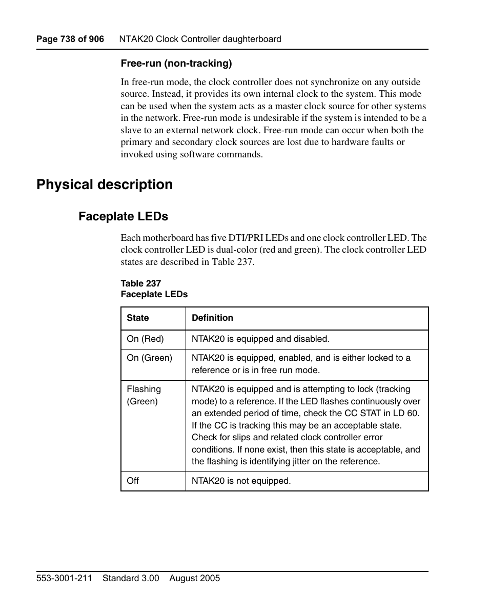 Physical description, Faceplate leds | Nortel Networks Circuit Card User Manual | Page 738 / 908