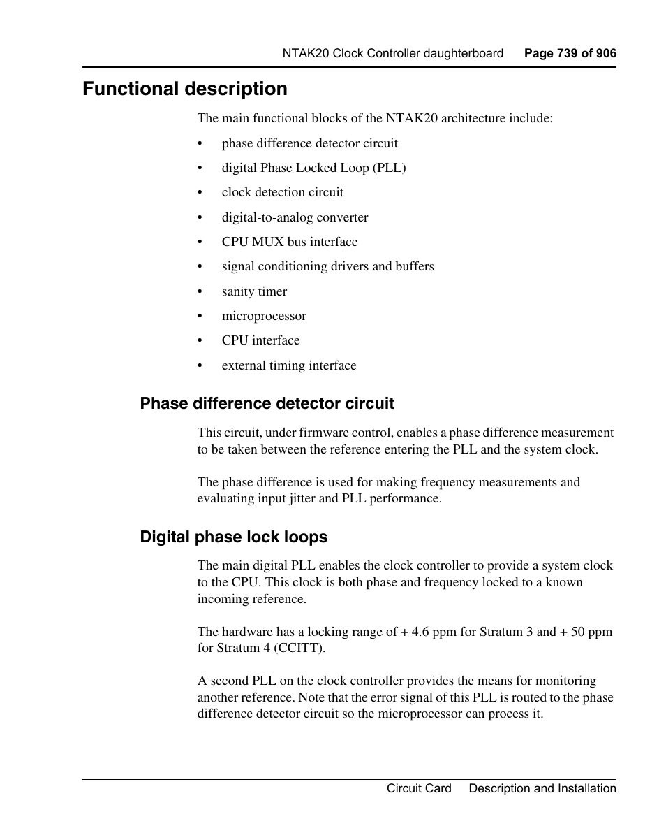 Functional description, Phase difference detector circuit, Digital phase lock loops | Nortel Networks Circuit Card User Manual | Page 739 / 908