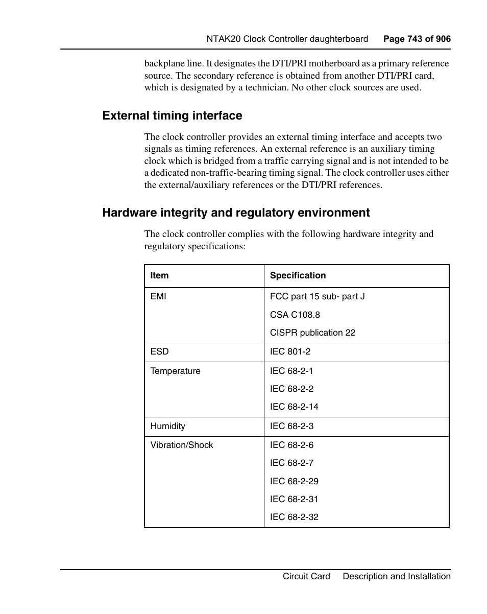 External timing interface, Hardware integrity and regulatory environment | Nortel Networks Circuit Card User Manual | Page 743 / 908