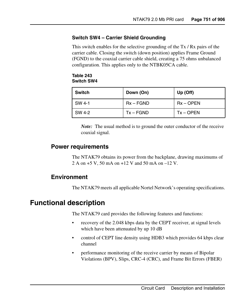 Power requirements, Environment, Functional description | Nortel Networks Circuit Card User Manual | Page 751 / 908