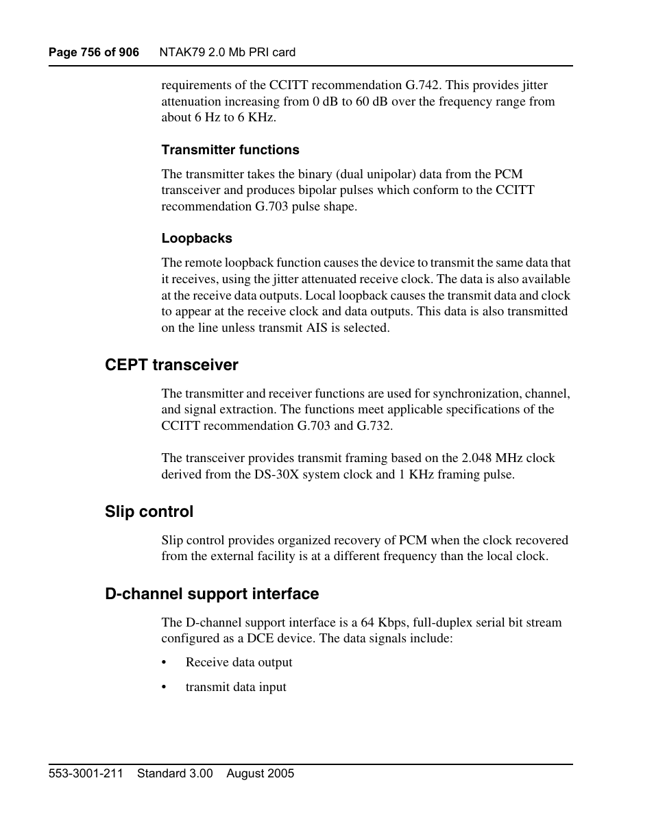Cept transceiver, Slip control, D-channel support interface | Nortel Networks Circuit Card User Manual | Page 756 / 908