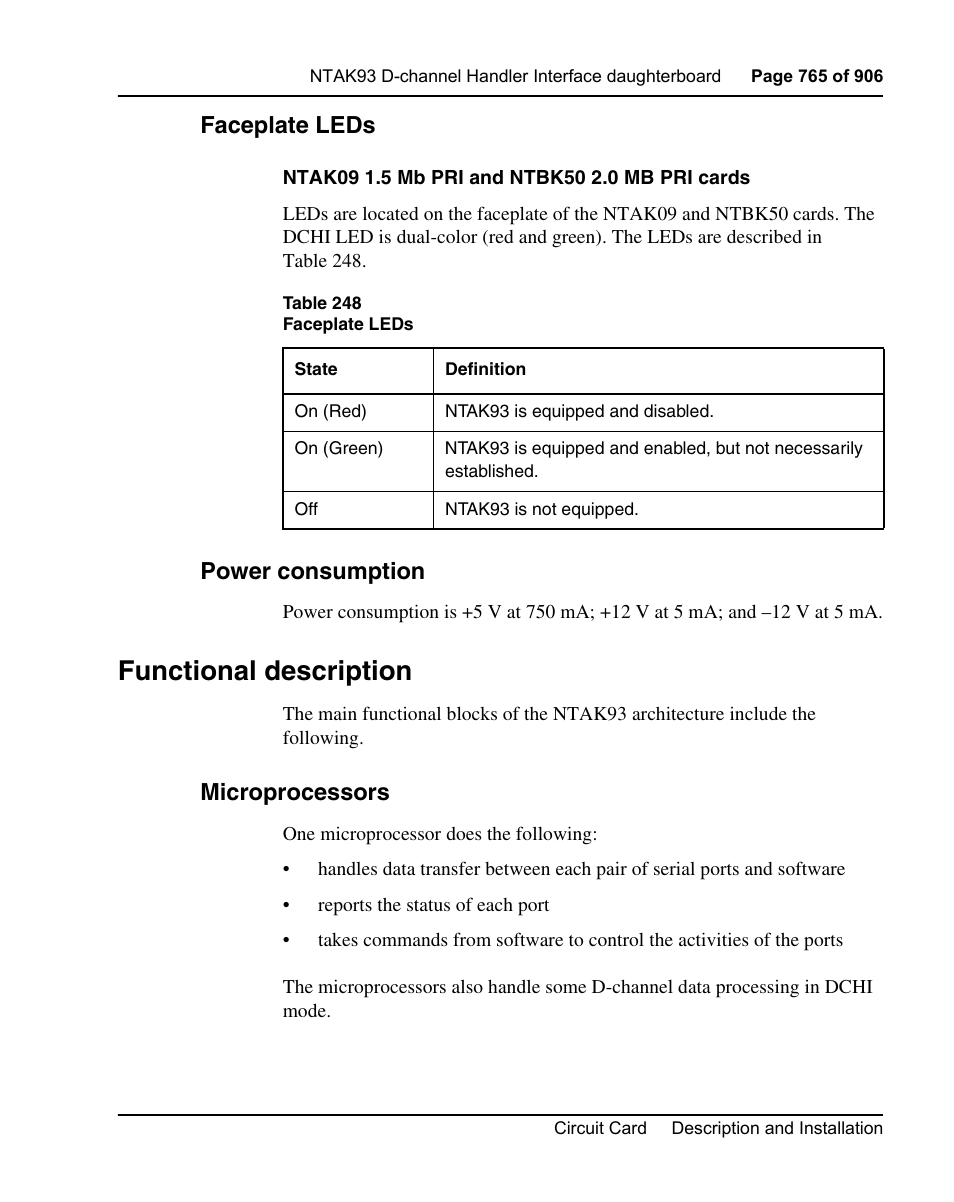 Faceplate leds, Power consumption, Functional description | Microprocessors | Nortel Networks Circuit Card User Manual | Page 765 / 908