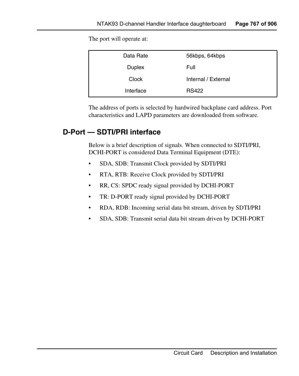 D-port - sdti/pri interface, D-port — sdti/pri interface | Nortel Networks Circuit Card User Manual | Page 767 / 908