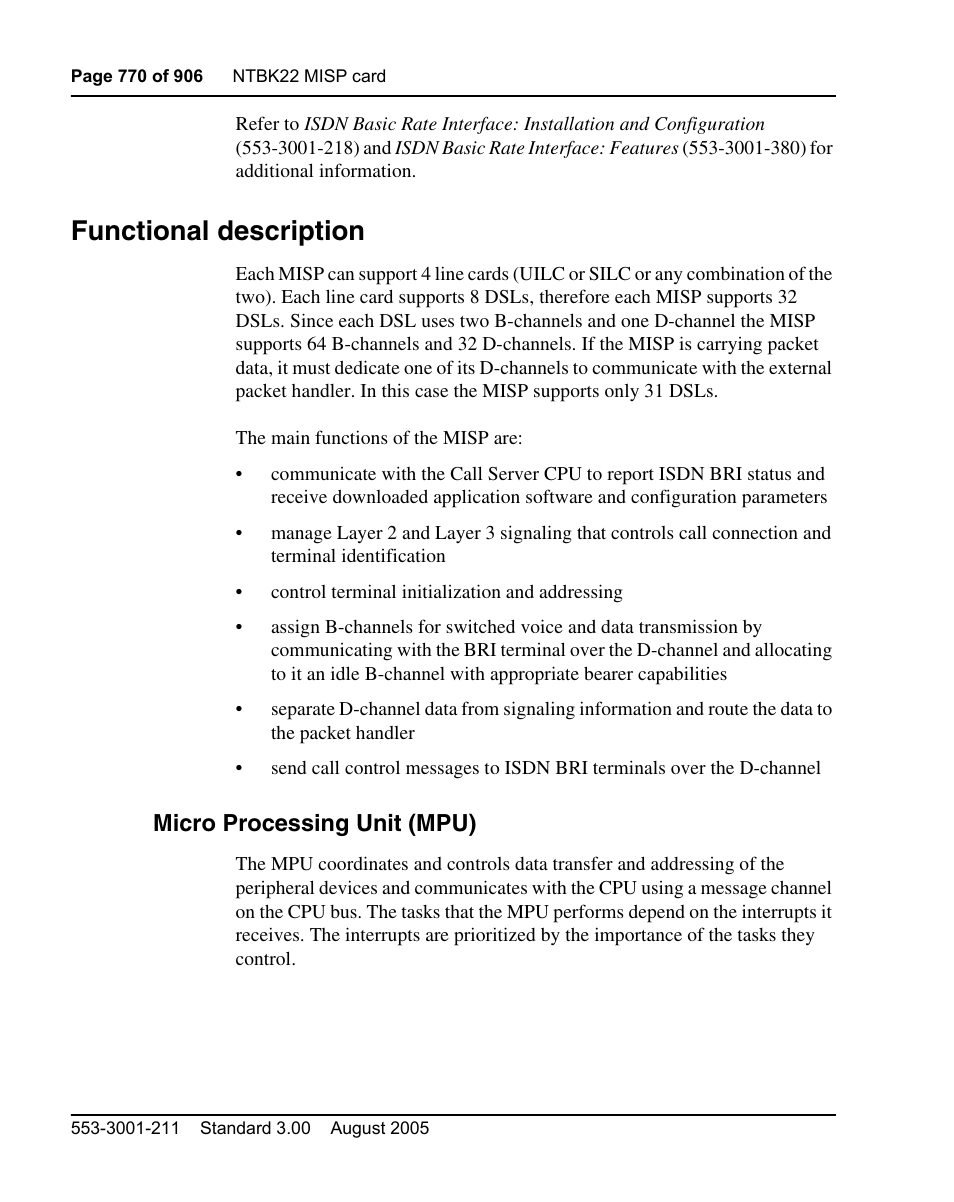 Functional description, Micro processing unit (mpu) | Nortel Networks Circuit Card User Manual | Page 770 / 908