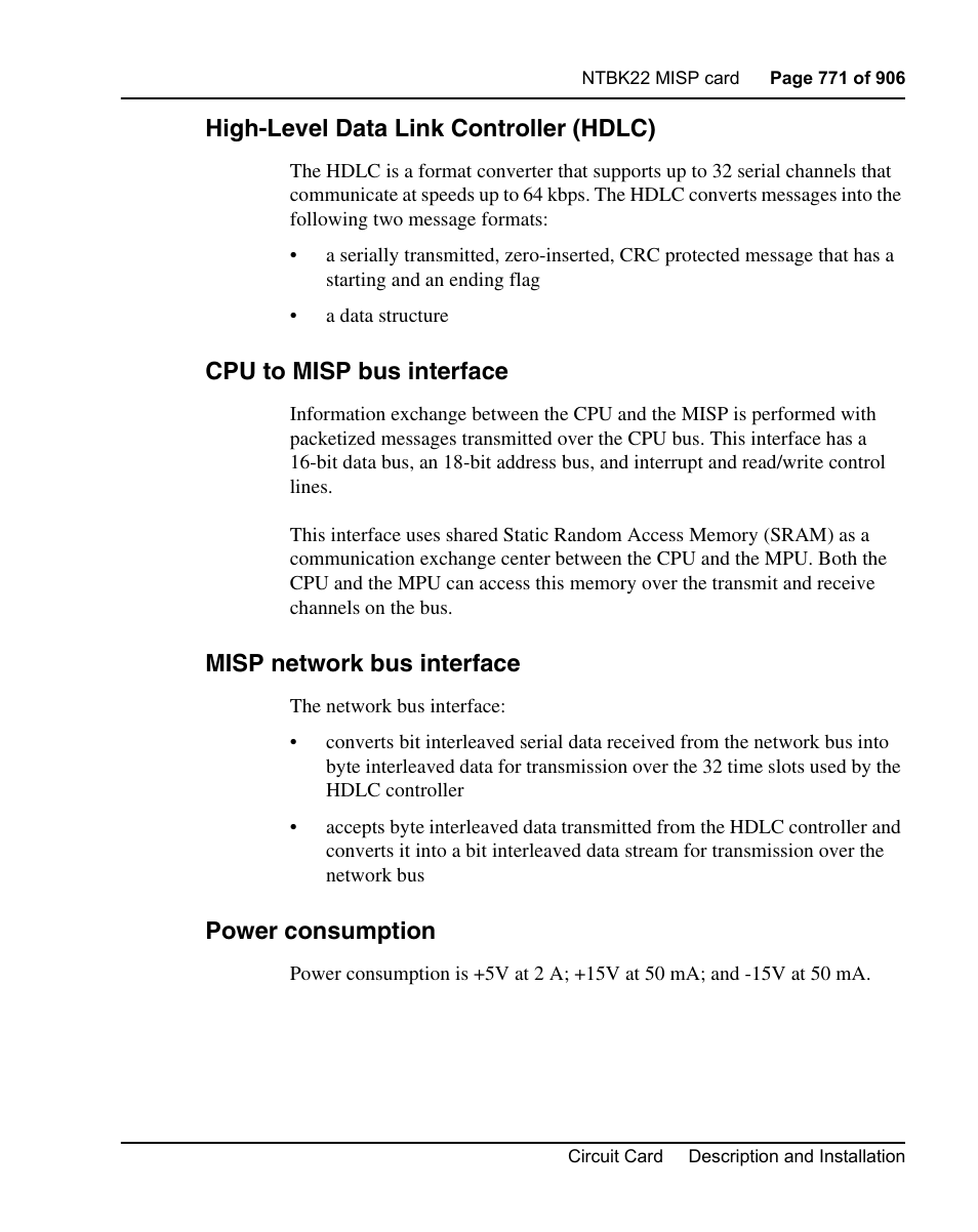 High-level data link controller (hdlc), Cpu to misp bus interface, Misp network bus interface | Power consumption | Nortel Networks Circuit Card User Manual | Page 771 / 908