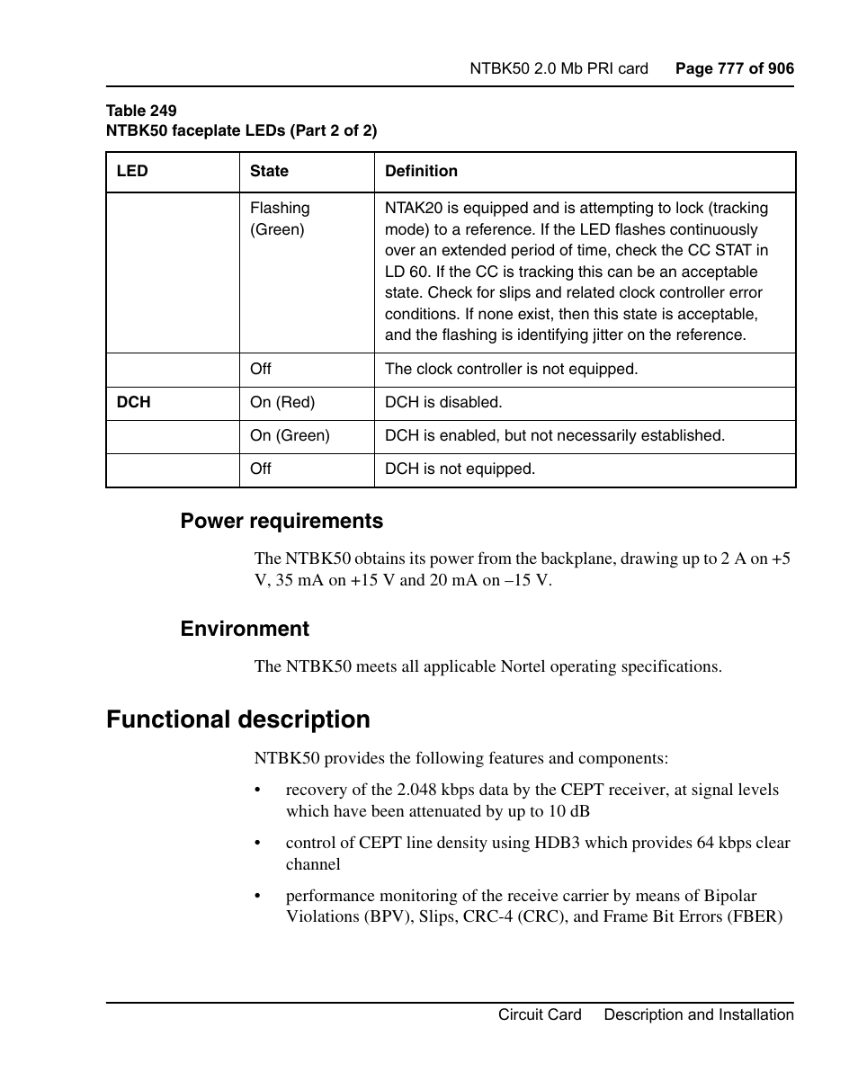 Power requirements, Environment, Functional description | Nortel Networks Circuit Card User Manual | Page 777 / 908