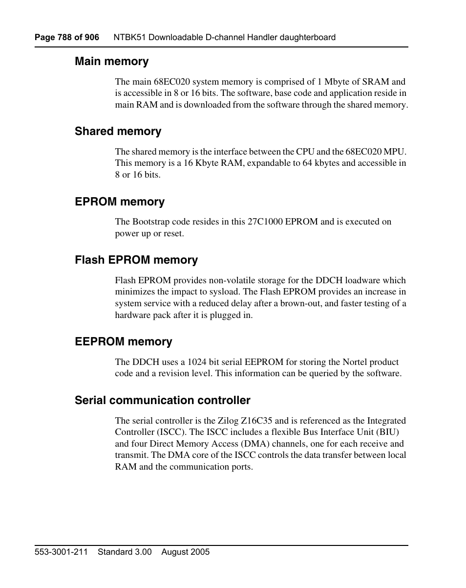Main memory, Shared memory, Eprom memory | Flash eprom memory, Eeprom memory, Serial communication controller | Nortel Networks Circuit Card User Manual | Page 788 / 908