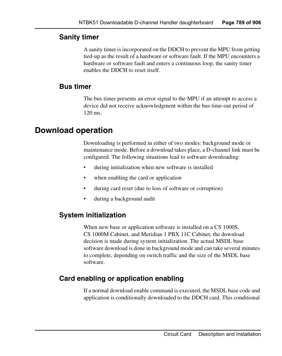 Sanity timer, Bus timer, Download operation | System initialization, Card enabling or application enabling | Nortel Networks Circuit Card User Manual | Page 789 / 908