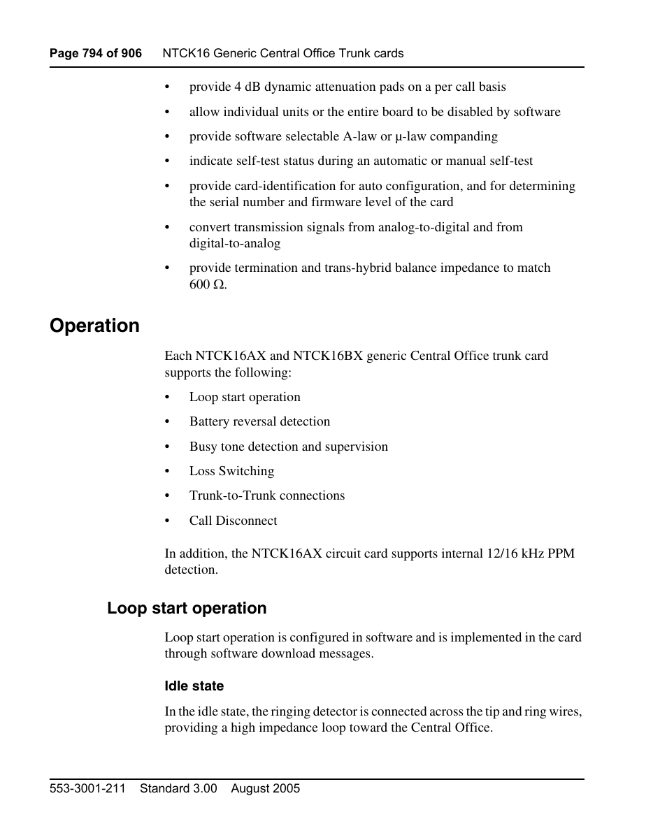 Operation, Loop start operation | Nortel Networks Circuit Card User Manual | Page 794 / 908