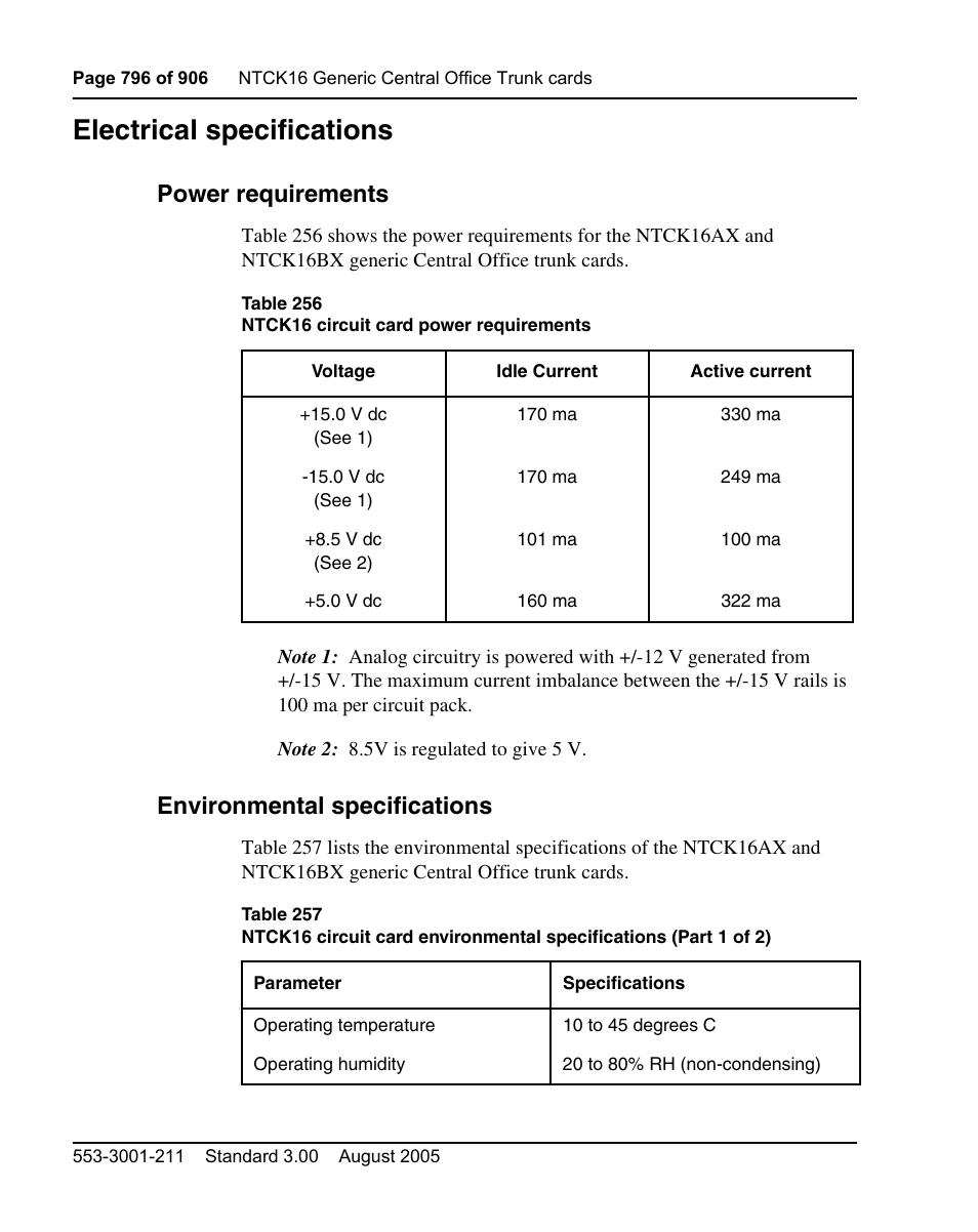 Electrical specifications, Power requirements, Environmental specifications | Nortel Networks Circuit Card User Manual | Page 796 / 908