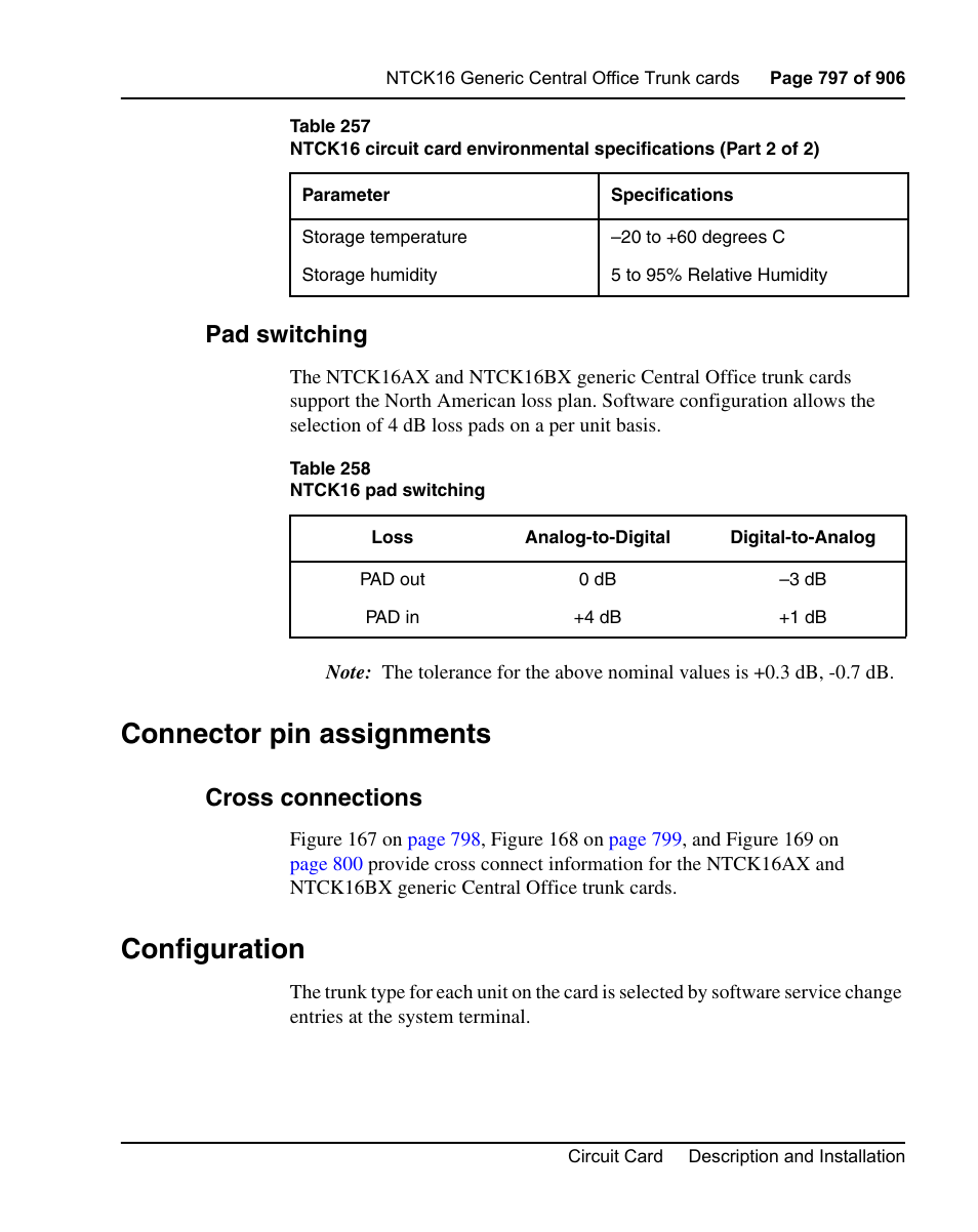 Pad switching, Connector pin assignments, Cross connections | Configuration | Nortel Networks Circuit Card User Manual | Page 797 / 908