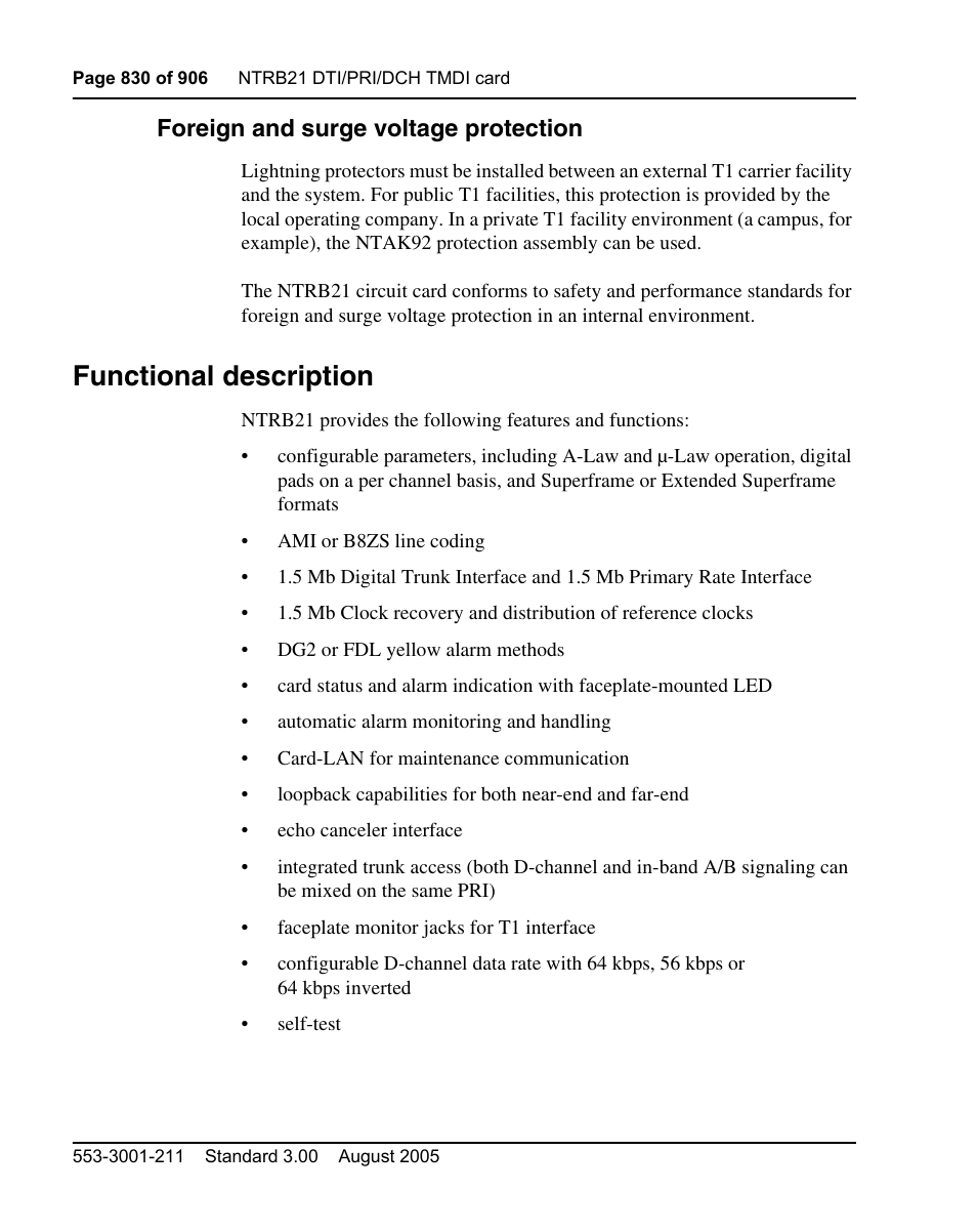 Foreign and surge voltage protection, Functional description | Nortel Networks Circuit Card User Manual | Page 830 / 908