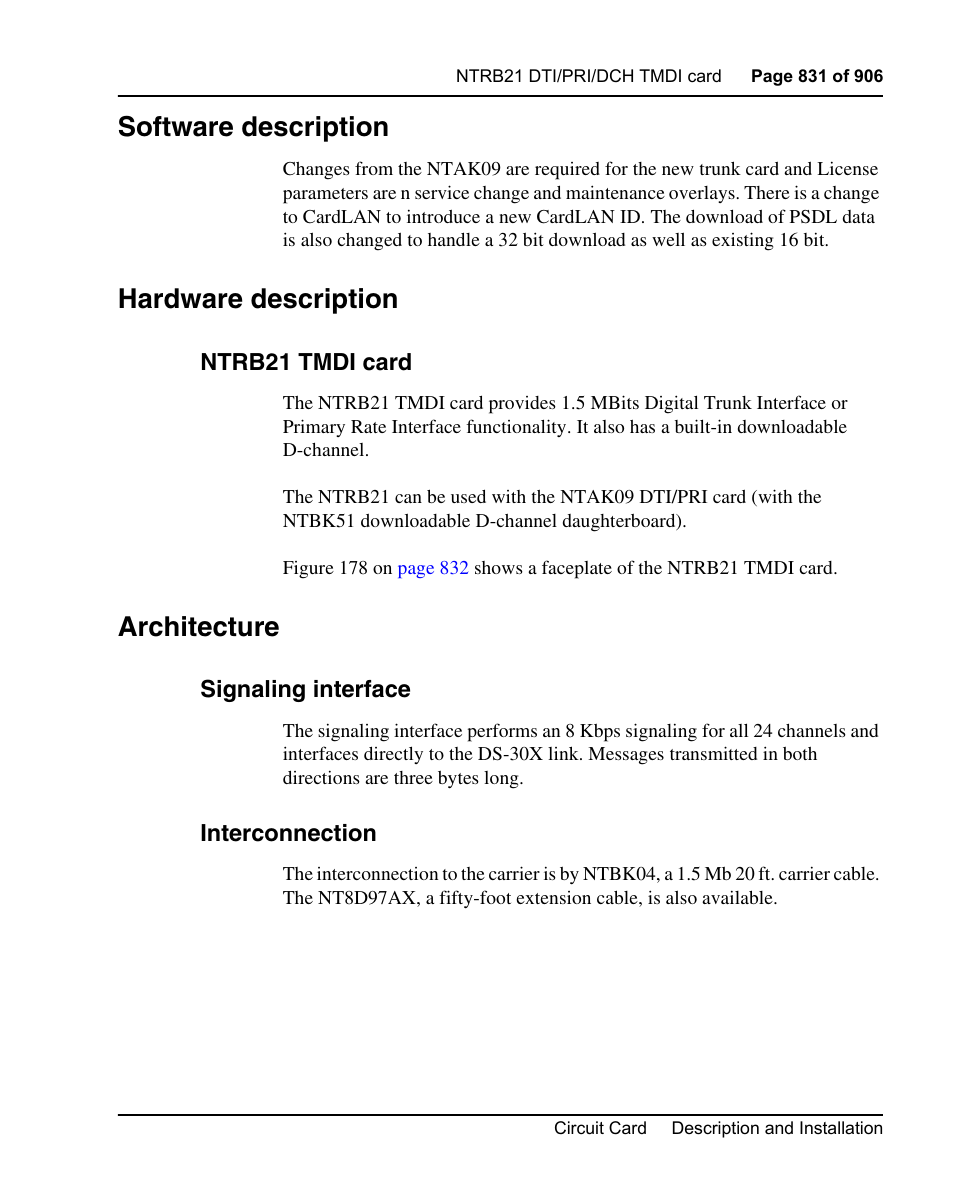Software description, Hardware description, Ntrb21 tmdi card | Architecture, Signaling interface, Interconnection | Nortel Networks Circuit Card User Manual | Page 831 / 908