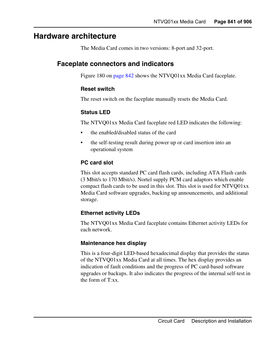 Hardware architecture, Faceplate connectors and indicators | Nortel Networks Circuit Card User Manual | Page 841 / 908