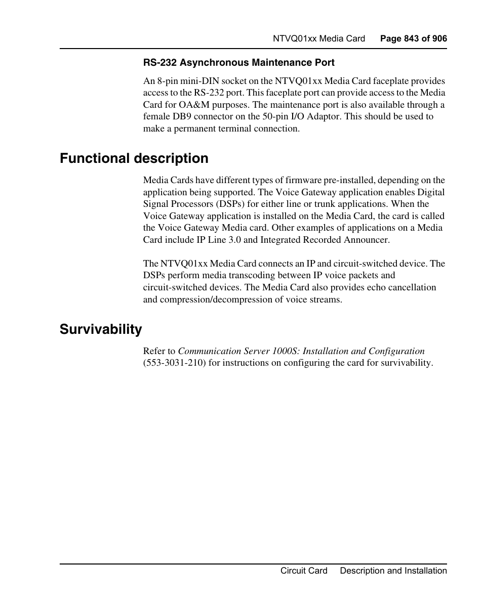 Functional description, Survivability | Nortel Networks Circuit Card User Manual | Page 843 / 908