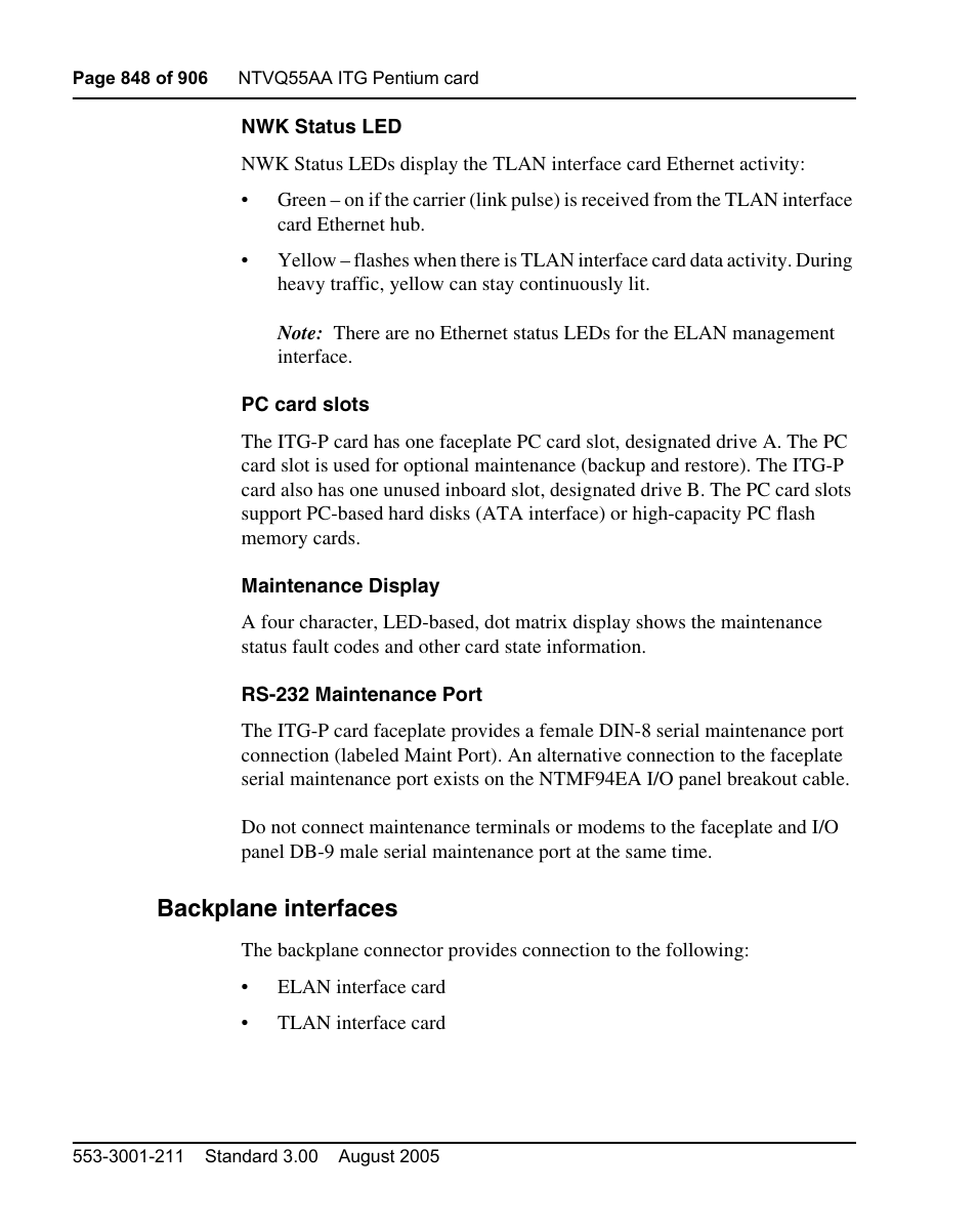 Backplane interfaces | Nortel Networks Circuit Card User Manual | Page 848 / 908
