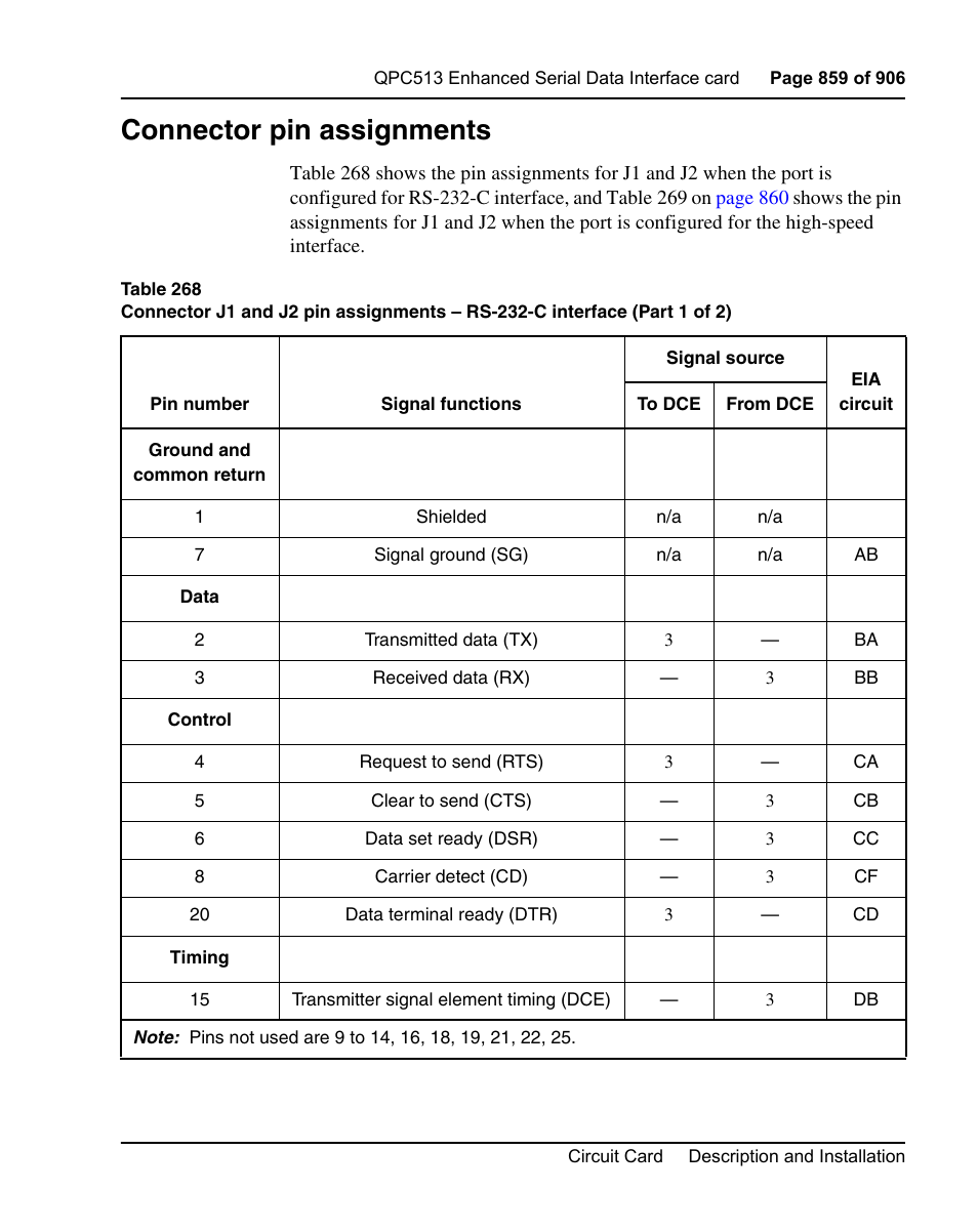 Connector pin assignments, See table 268 | Nortel Networks Circuit Card User Manual | Page 859 / 908